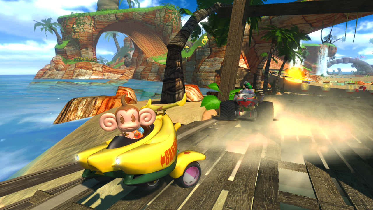 Sonic and All-Stars Racing Transformed, banana-shaped kart, wooden track, HD Desktop Wallpaper