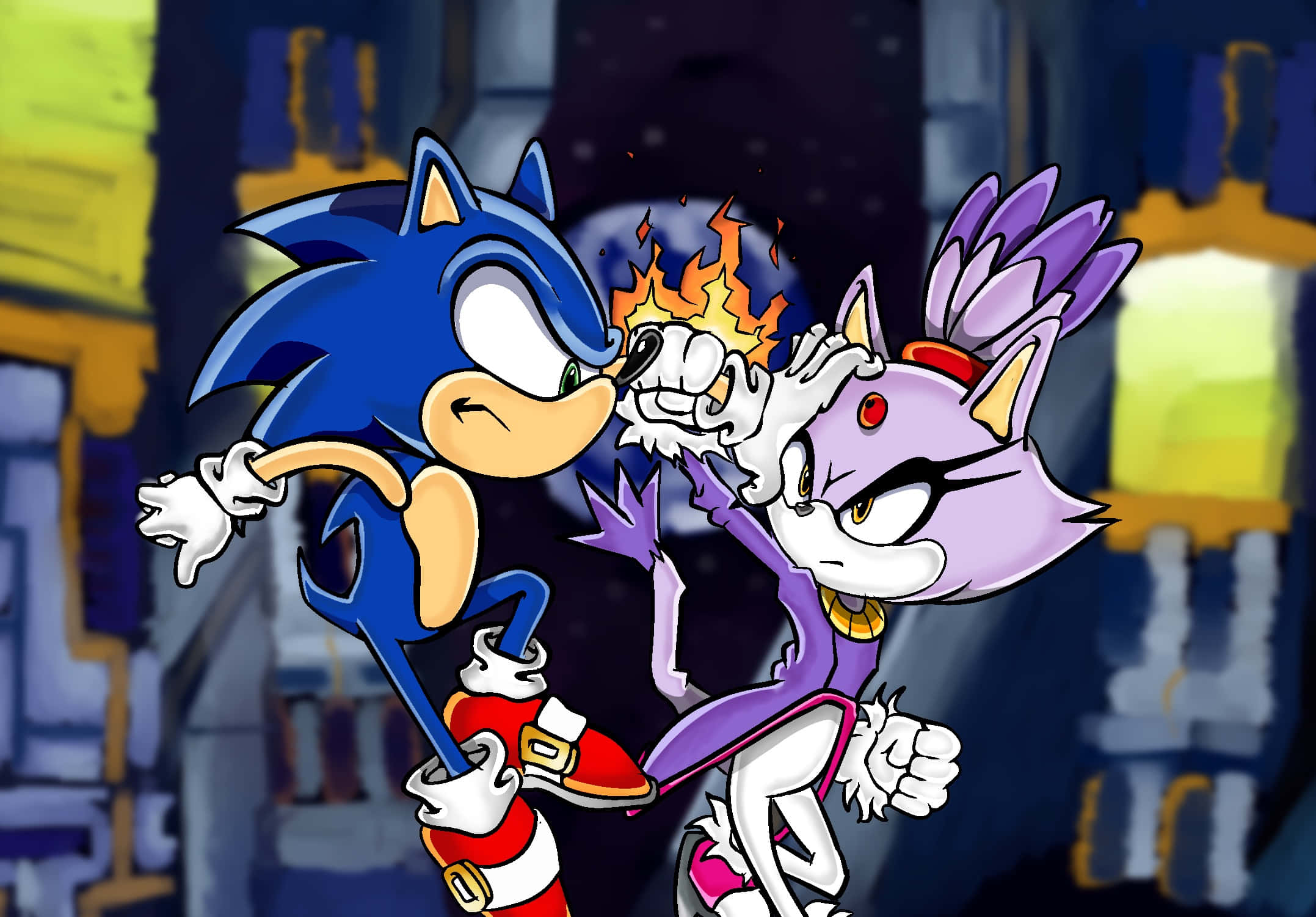 Sonic, Blaze, neon-lit city, Full HD Desktop Wallpaper
