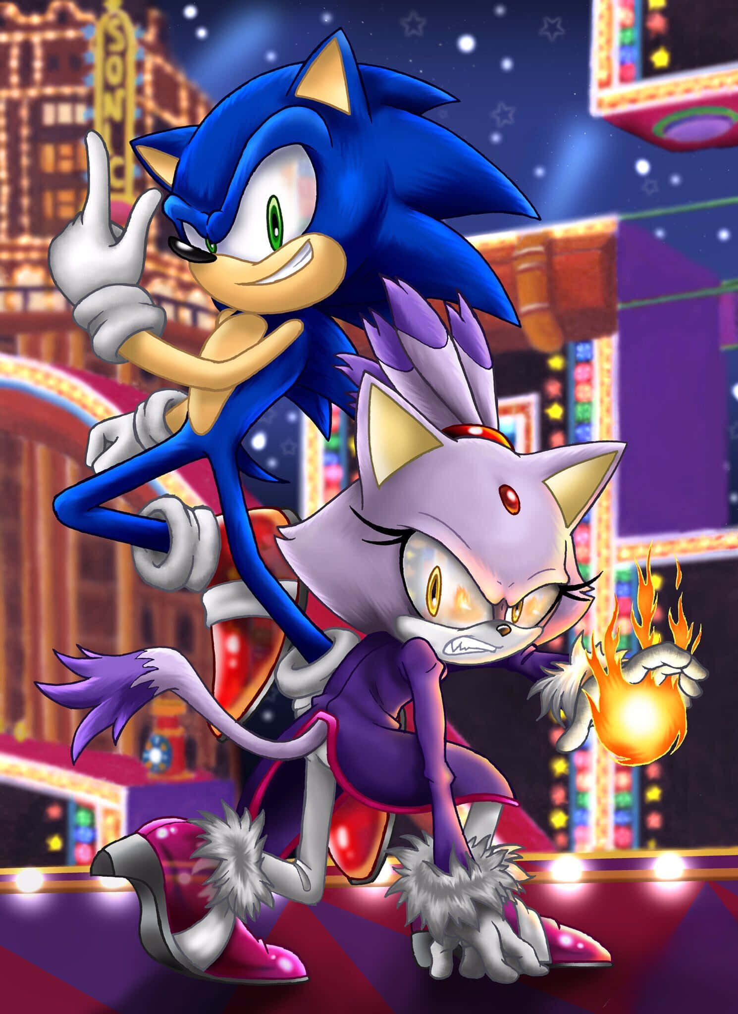 Sonic, Blaze, neon-lit cityscape, Full HD Phone Wallpaper