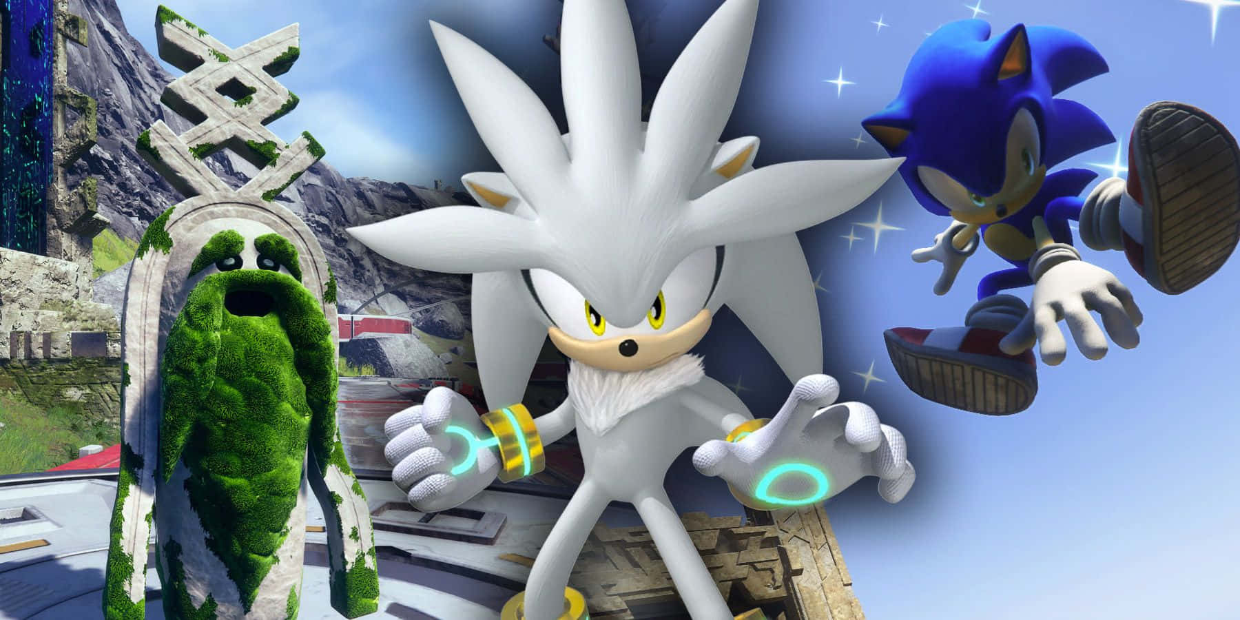 Sonic, Silver, mossy statue, HD Desktop Wallpaper
