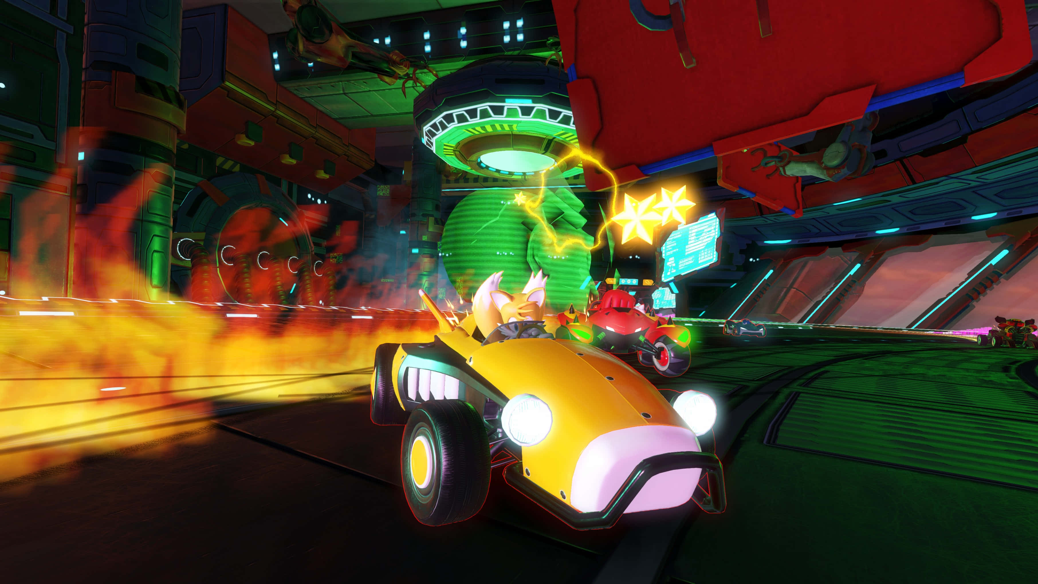Sonic Battle Racers, neon-lit futuristic track, yellow race car, 2K Desktop Wallpaper
