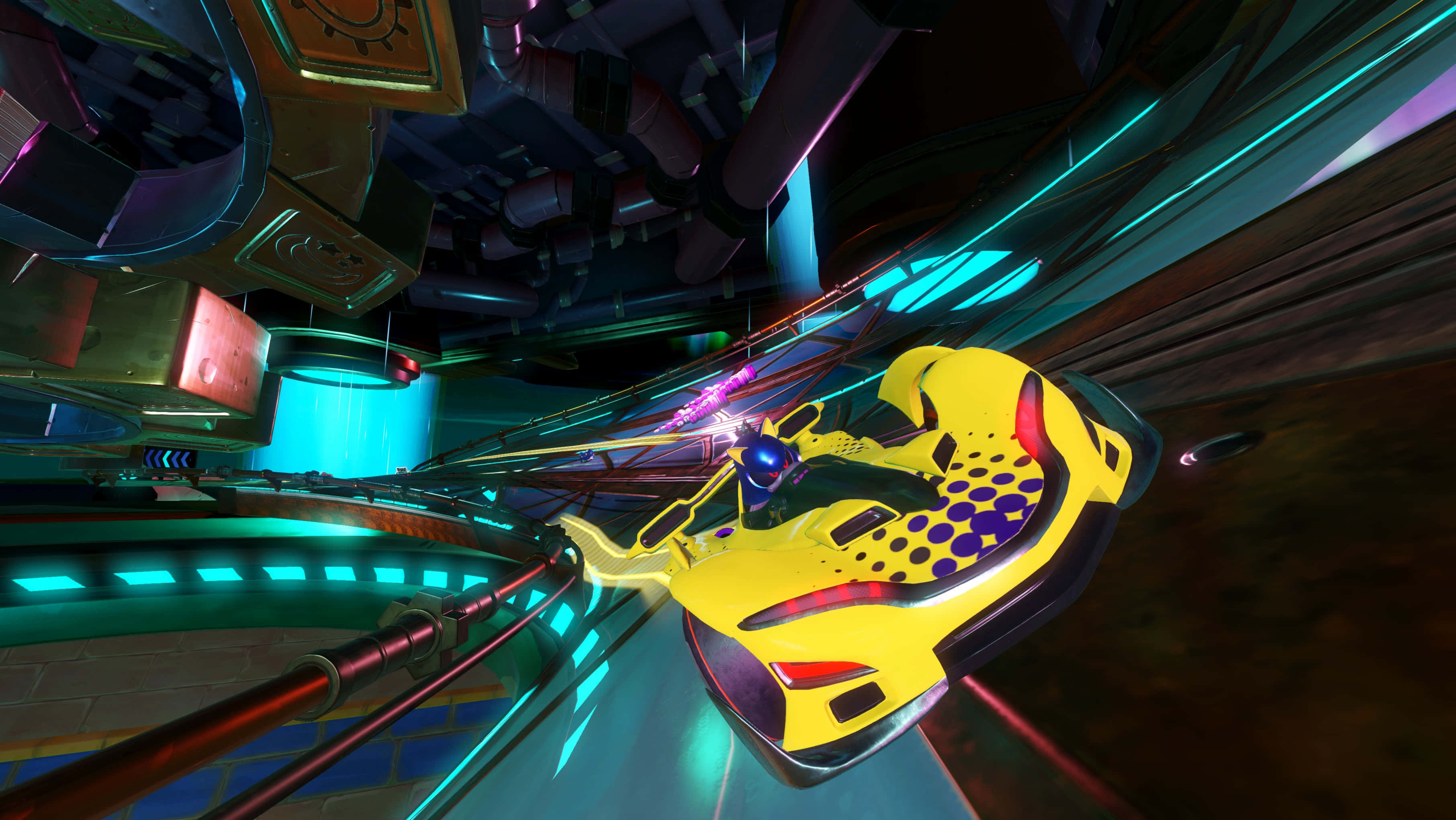 Sonic Battle Racers, yellow futuristic racing pod, neon-lit sci-fi tunnel, 2K Desktop Wallpaper