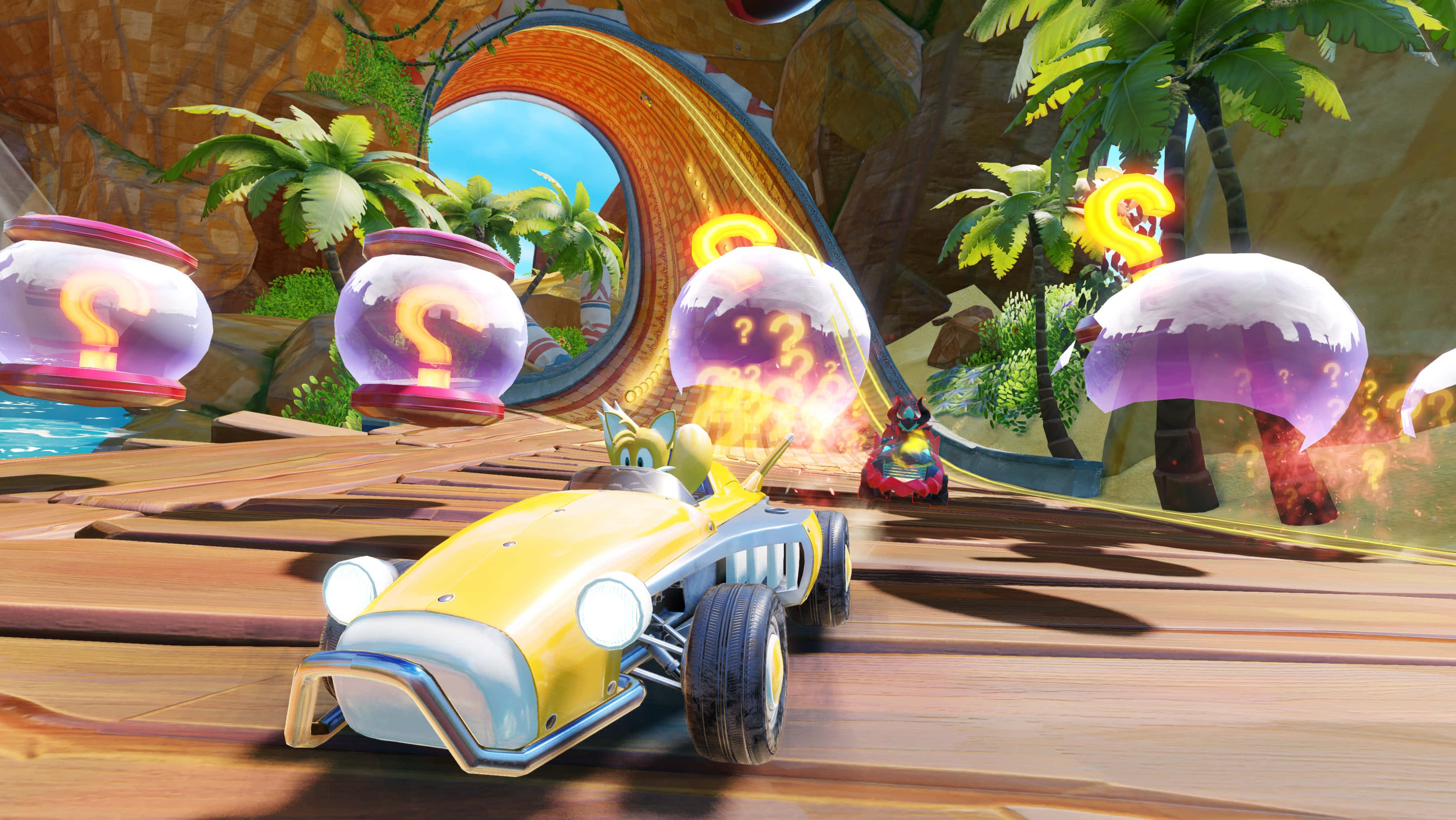 Sonic Battle Racers, yellow race car, vibrant tropical track, 2K Desktop Wallpaper