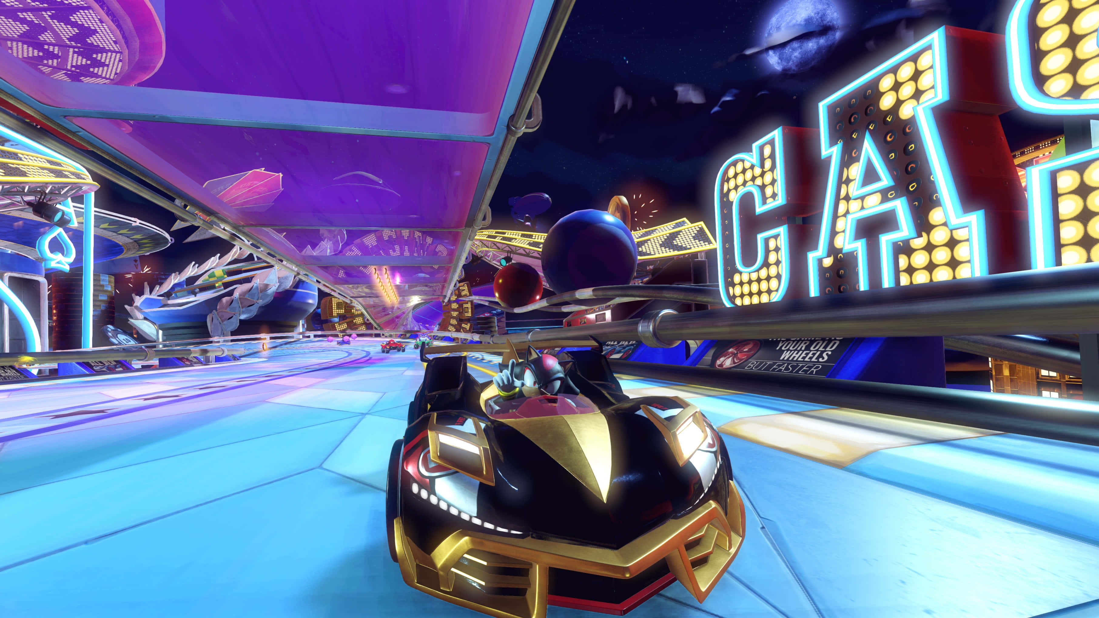 Sonic Battle Racers, neon-lit futuristic track, starry night sky, 2K Desktop Wallpaper