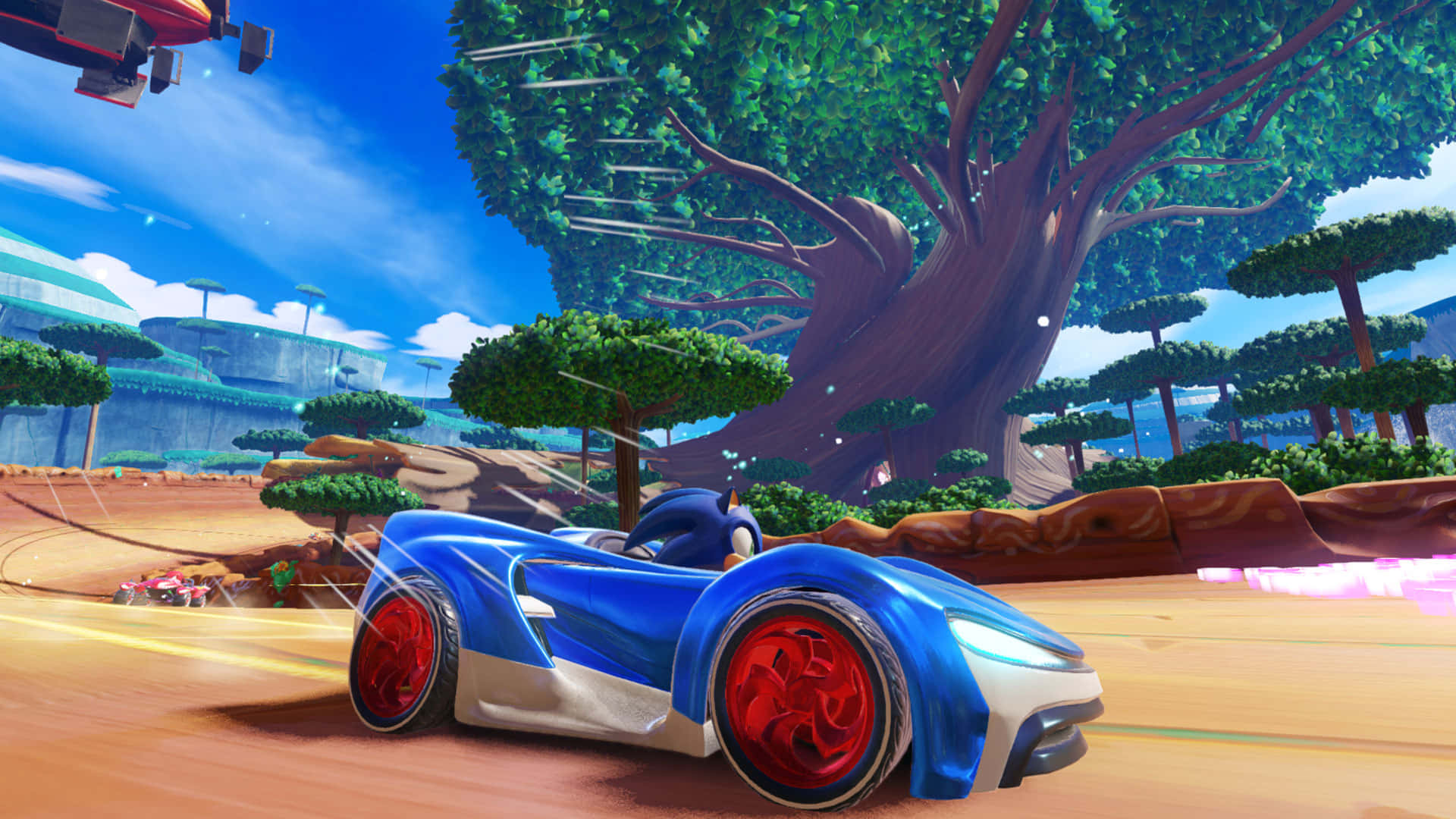 Sonic Battle Racers, blue and red car, vibrant jungle track, Full HD Desktop Wallpaper