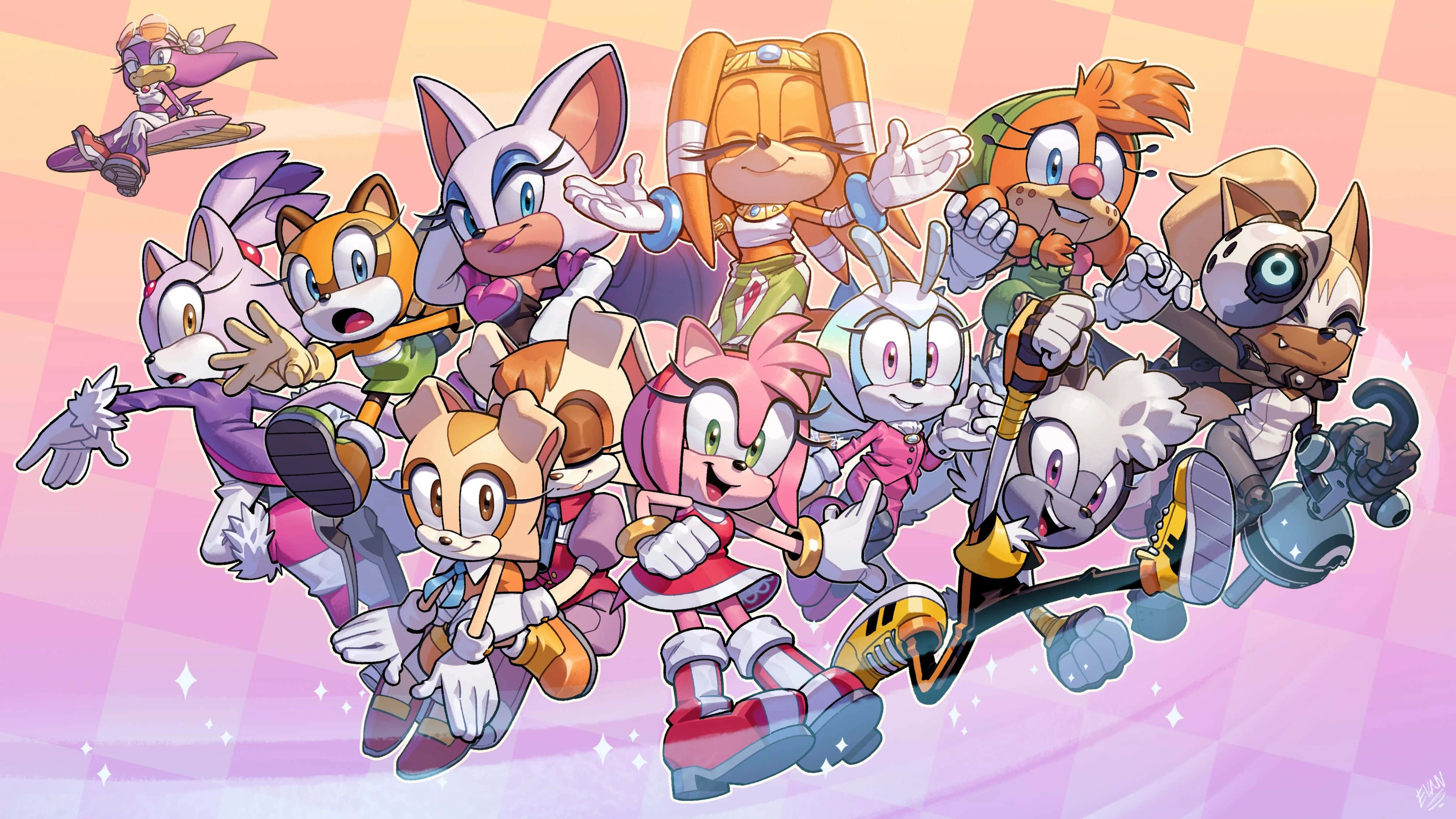 Sonic Characters, pink checkered background, sparkling effects, 4K Desktop Wallpaper