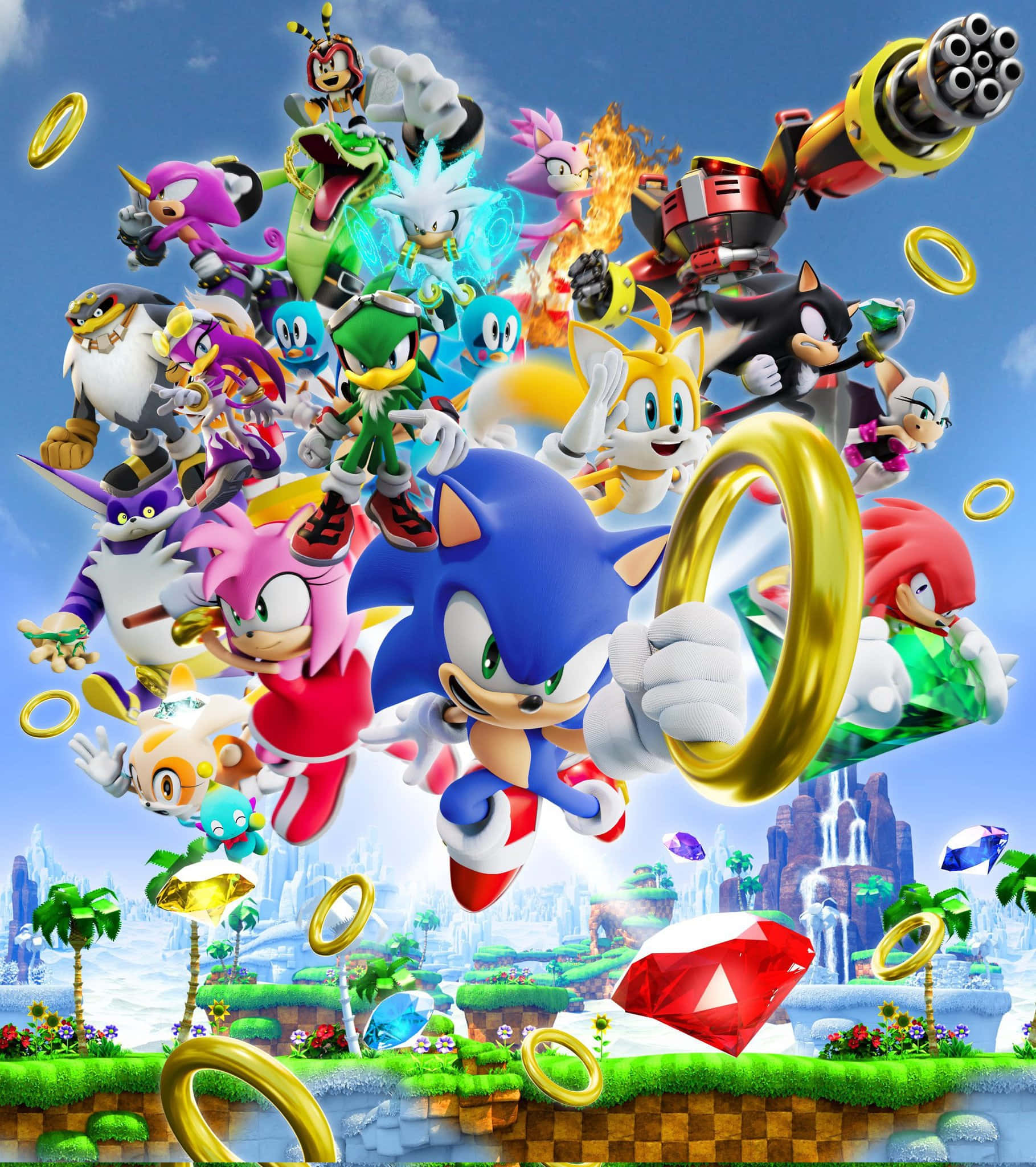 Sonic, colorful cast of friends, vibrant floating island landscape, Full HD Phone Wallpaper