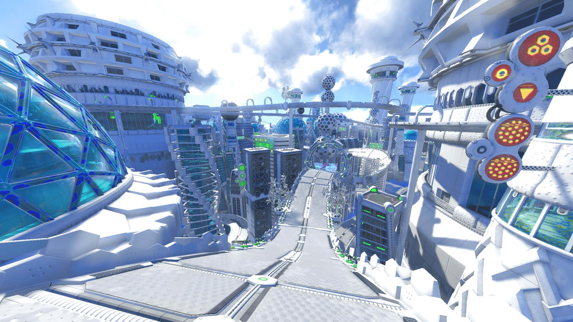 Sonic City Escape, futuristic white cityscape, glowing green accents, Full HD Desktop Wallpaper