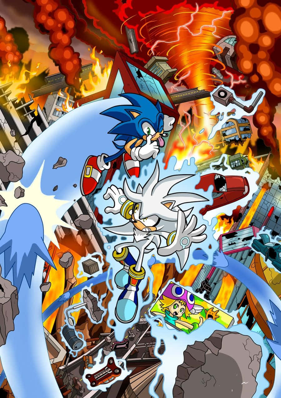 Sonic, Silver, fiery urban battlefield, SD Phone Wallpaper