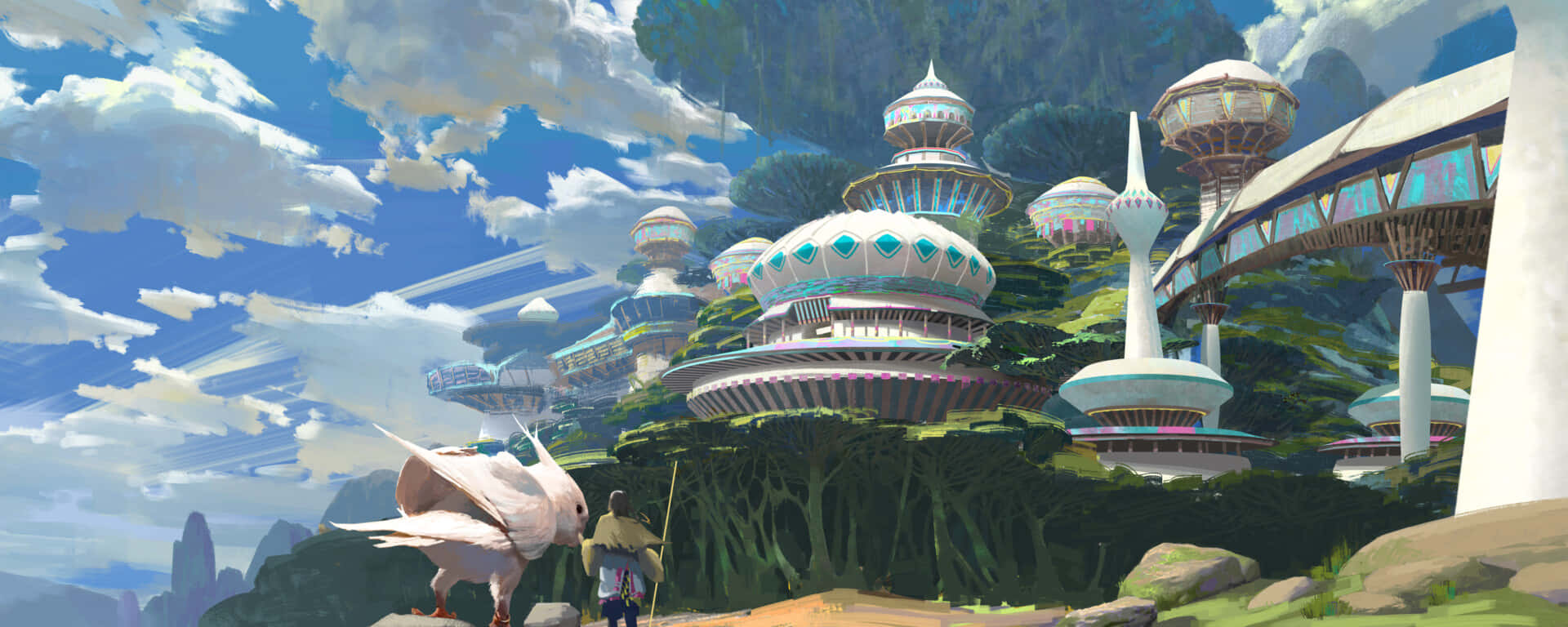 Sonic Colors, futuristic floating city, lush green mountains, Full HD Desktop Wallpaper