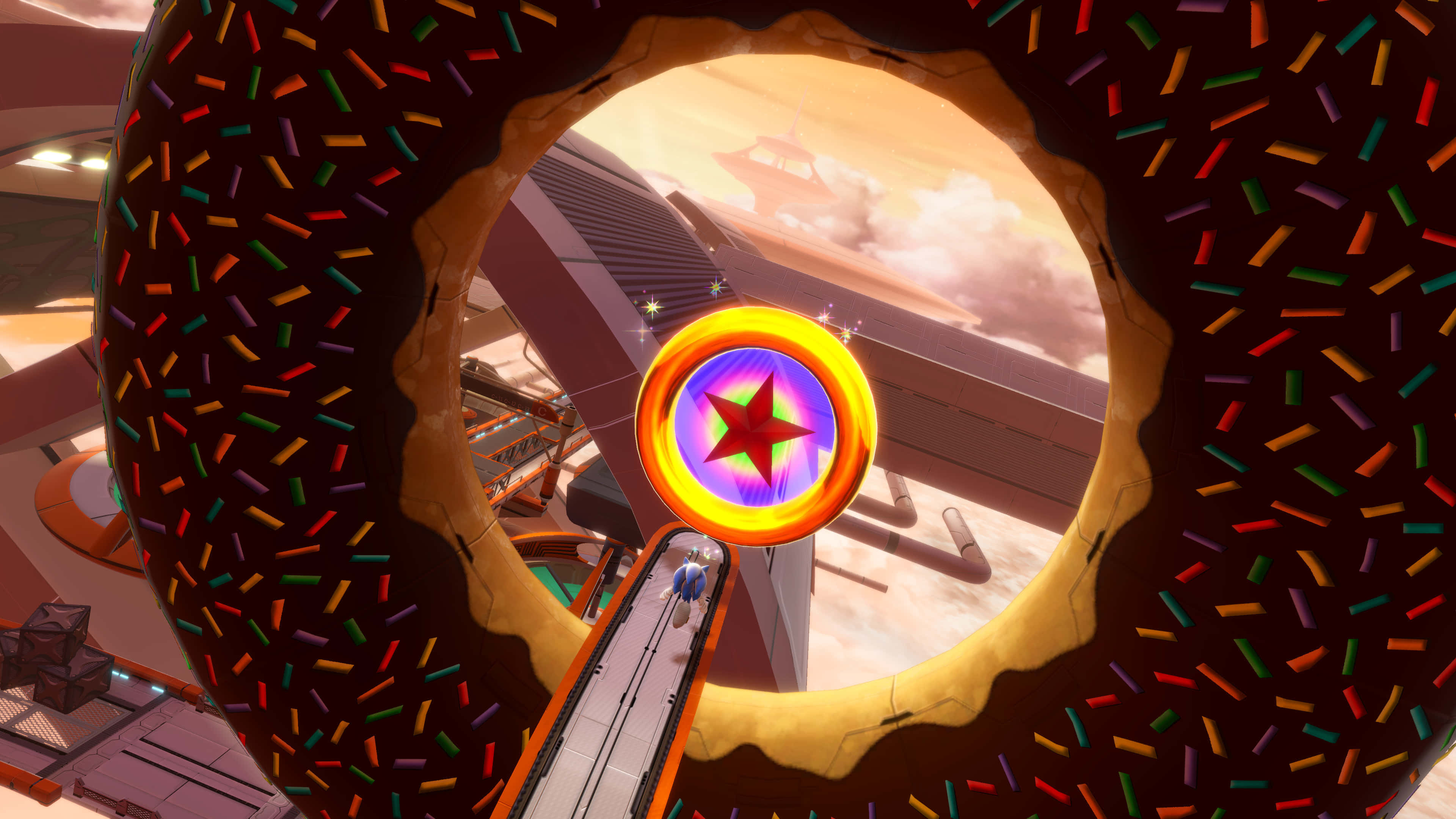 Sonic Colors, giant chocolate donut, rainbow sprinkles, 4K Desktop Wallpaper