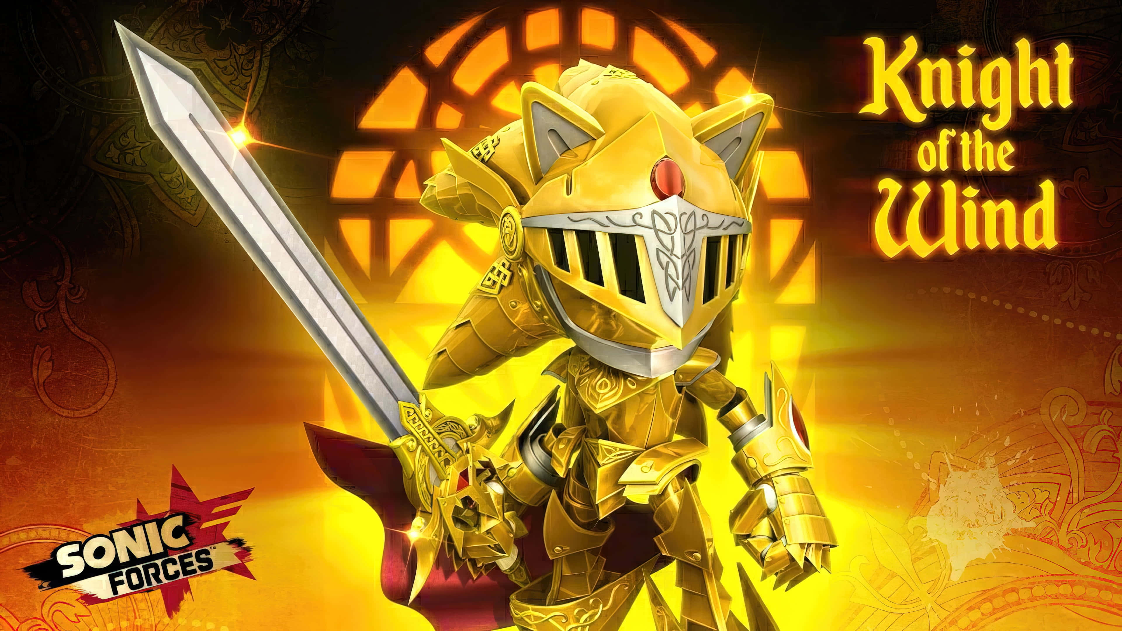 Sonic Forces Speed Battle, golden armored cat knight, glowing sword, 4K Desktop Wallpaper
