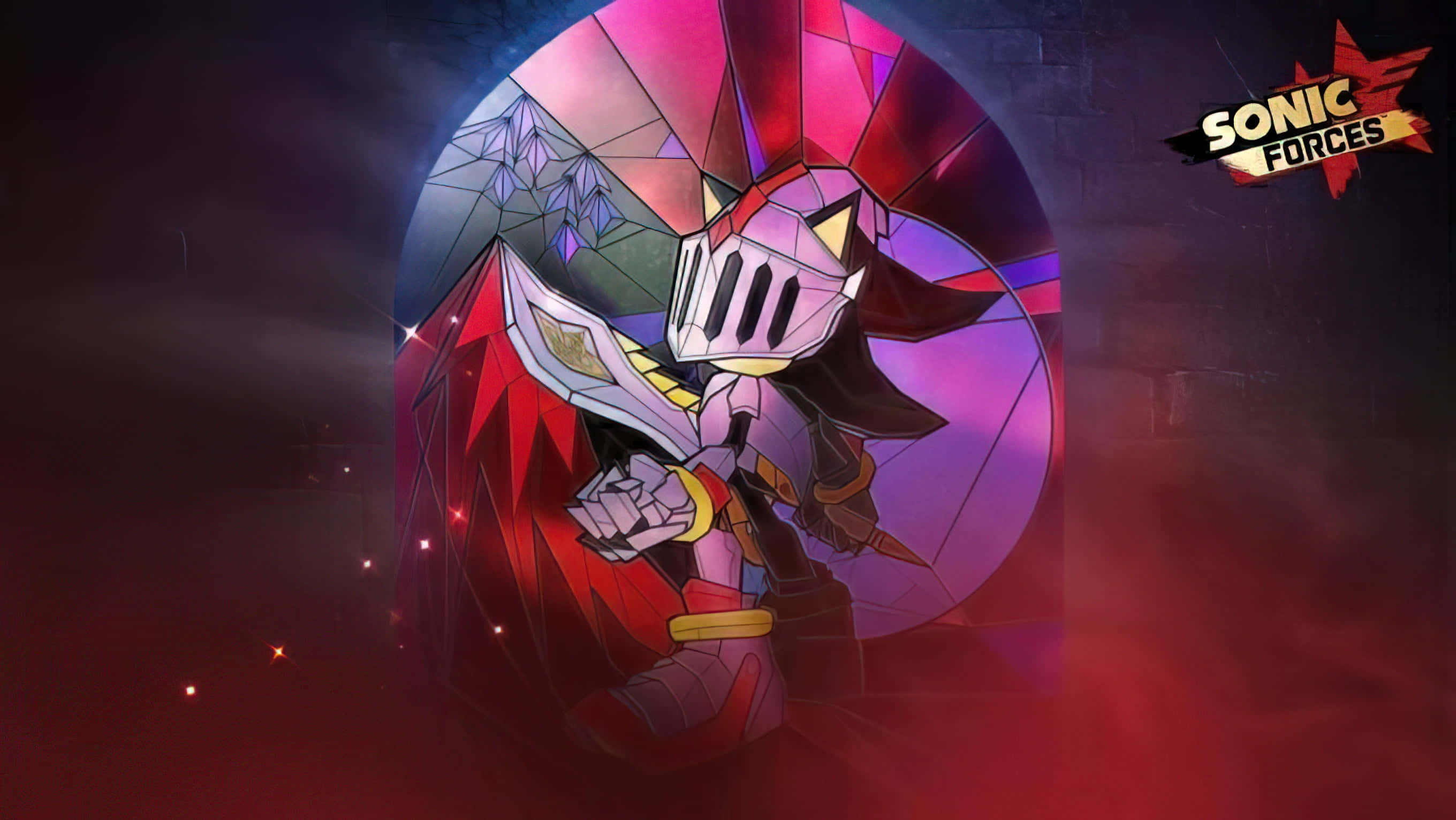Sonic Forces Speed Battle, knighted hedgehog, glowing stained glass arch, 2K Desktop Wallpaper