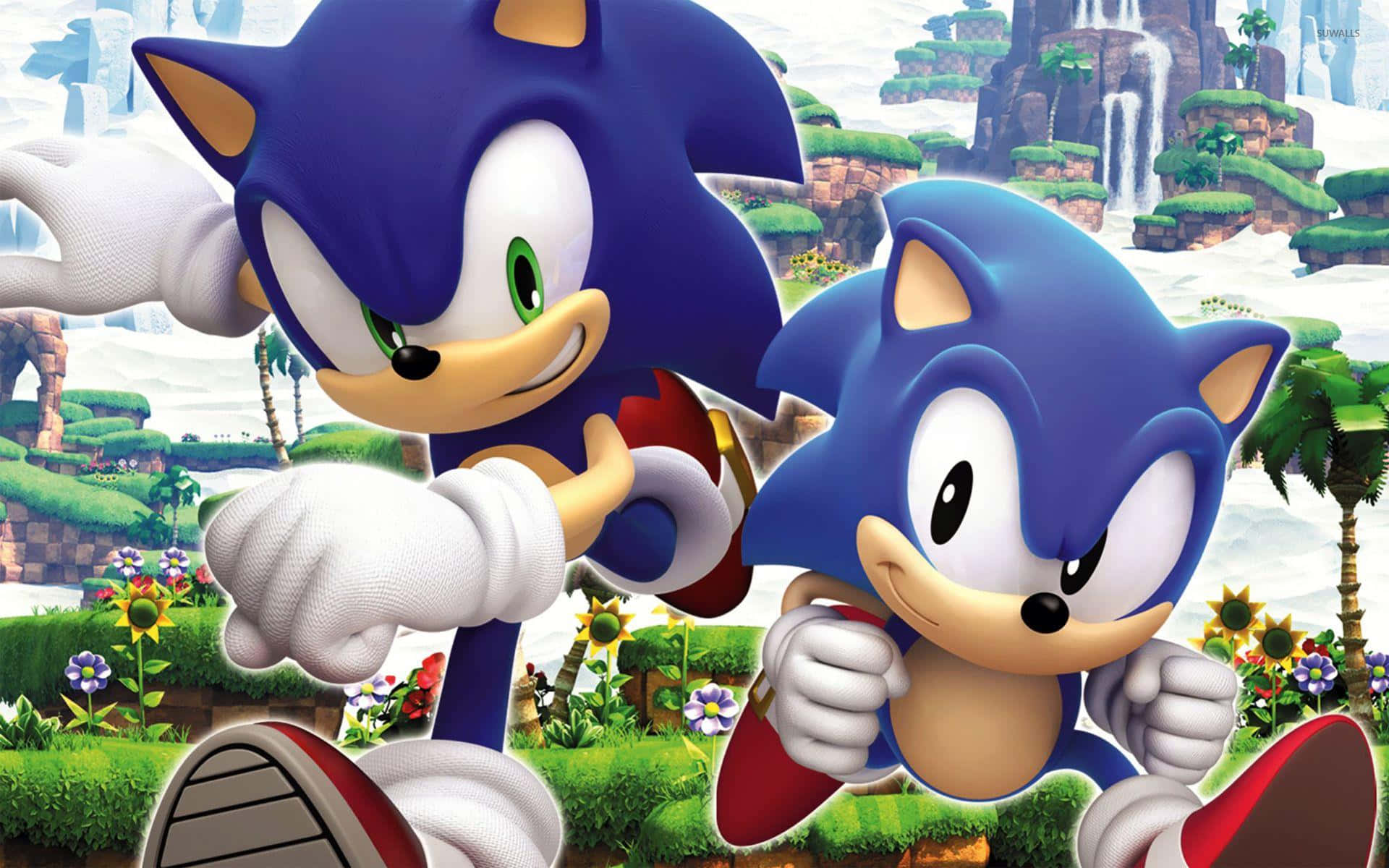Sonic Generations, blue hedgehogs, vibrant green landscape, Full HD Desktop Wallpaper