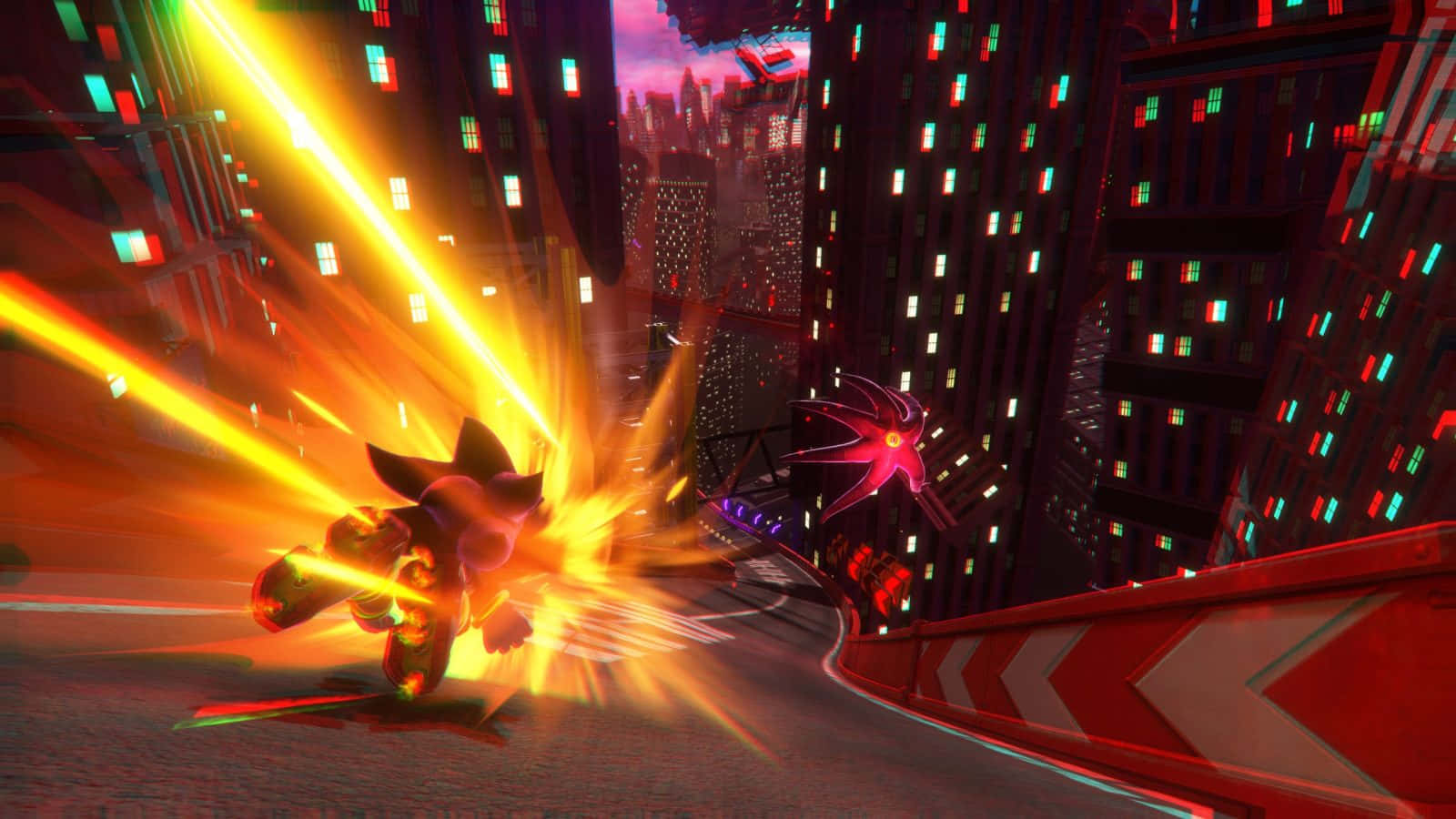 Sonic Generations, golden hedgehog, neon-lit cityscape, HD Desktop Wallpaper
