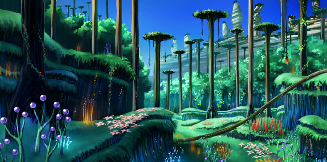 Sonic Green Forest Zone, bioluminescent flora, towering tree-like structures, HD Desktop Wallpaper