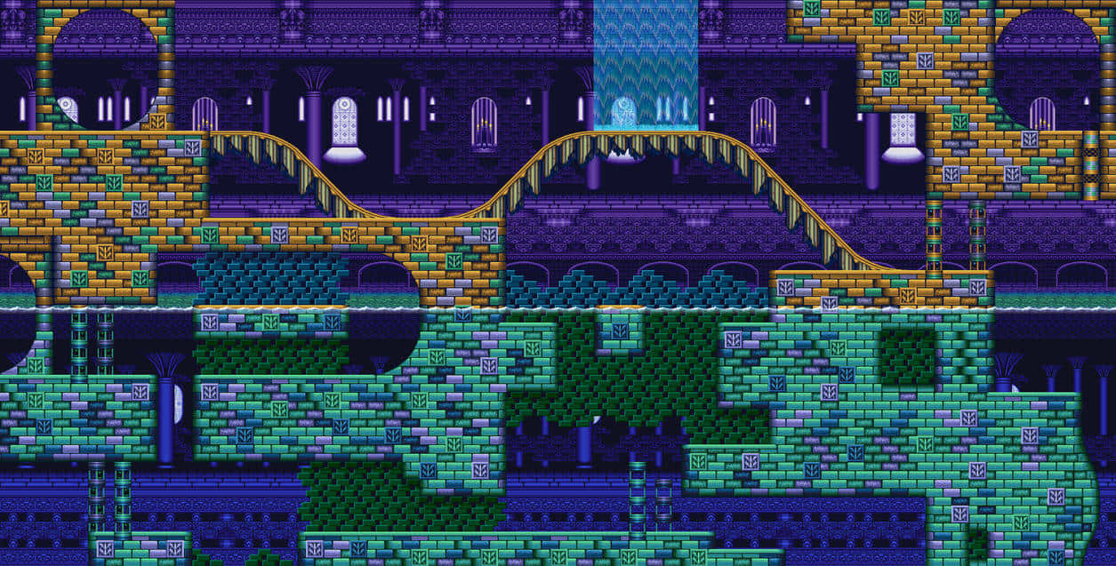 Sonic Hydrocity Zone, purple blue and green brick platforms, arched bridges, SD Desktop Wallpaper