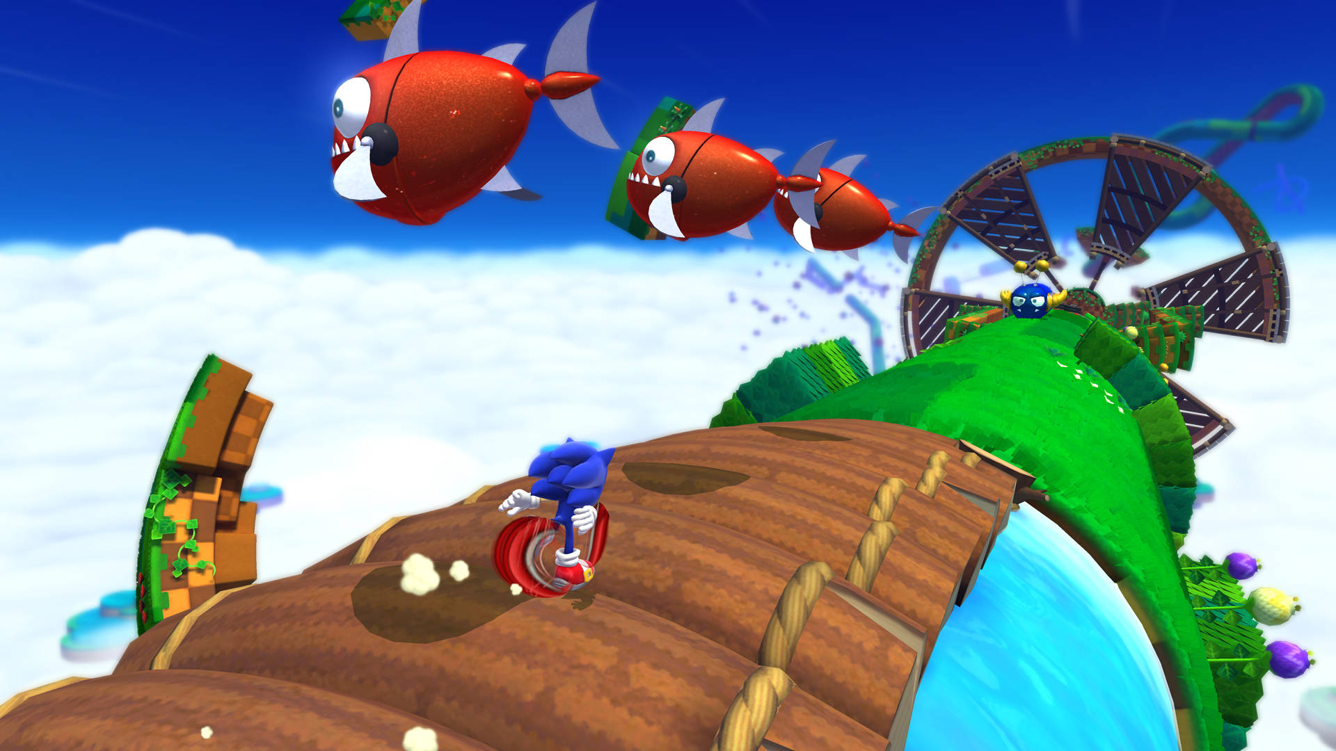 Sonic Lost World, red ring-powered vehicle, wooden bridge, Full HD Desktop Wallpaper