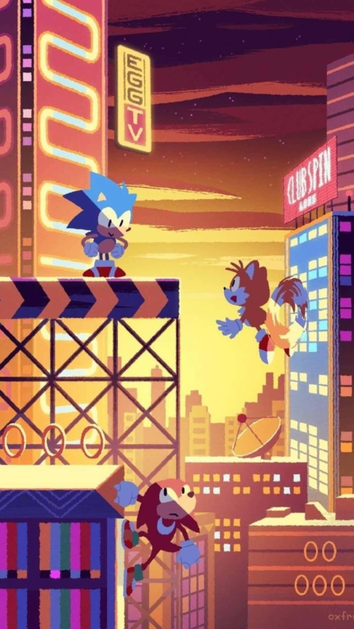 Sonic Mania, Sonic, neon-lit cityscape, Full HD Phone Wallpaper