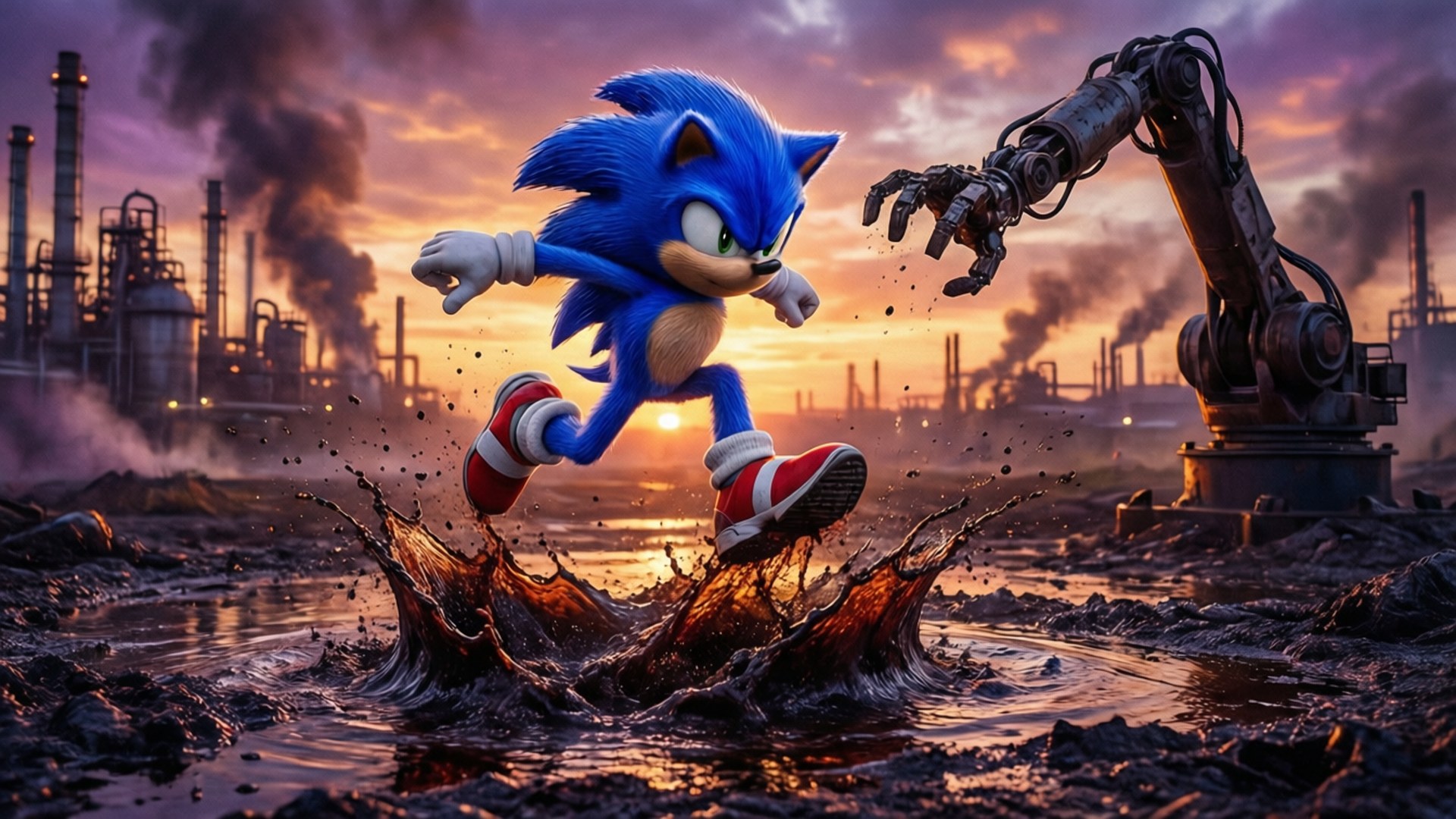 Sonic, oil spill, robotic arm, Full HD Desktop Wallpaper