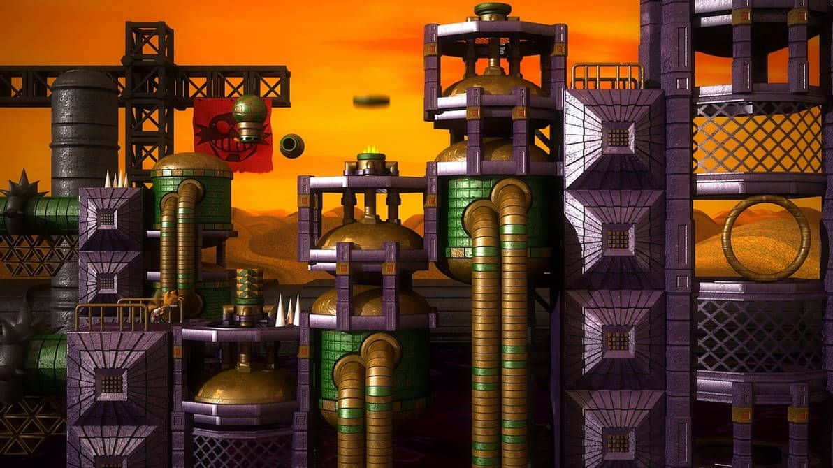 Sonic Oil Ocean Zone, purple green and gold pipes, towers and tanks, SD Desktop Wallpaper