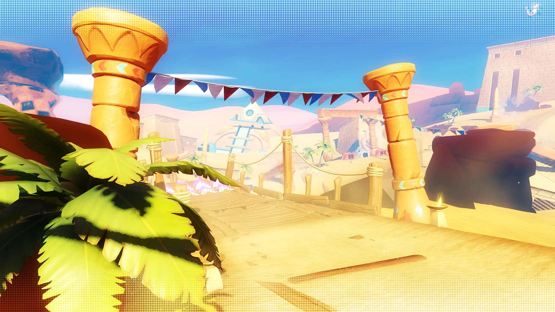 Sonic Sandopolis Zone, golden pillars, palm fronds, Full HD Desktop Wallpaper