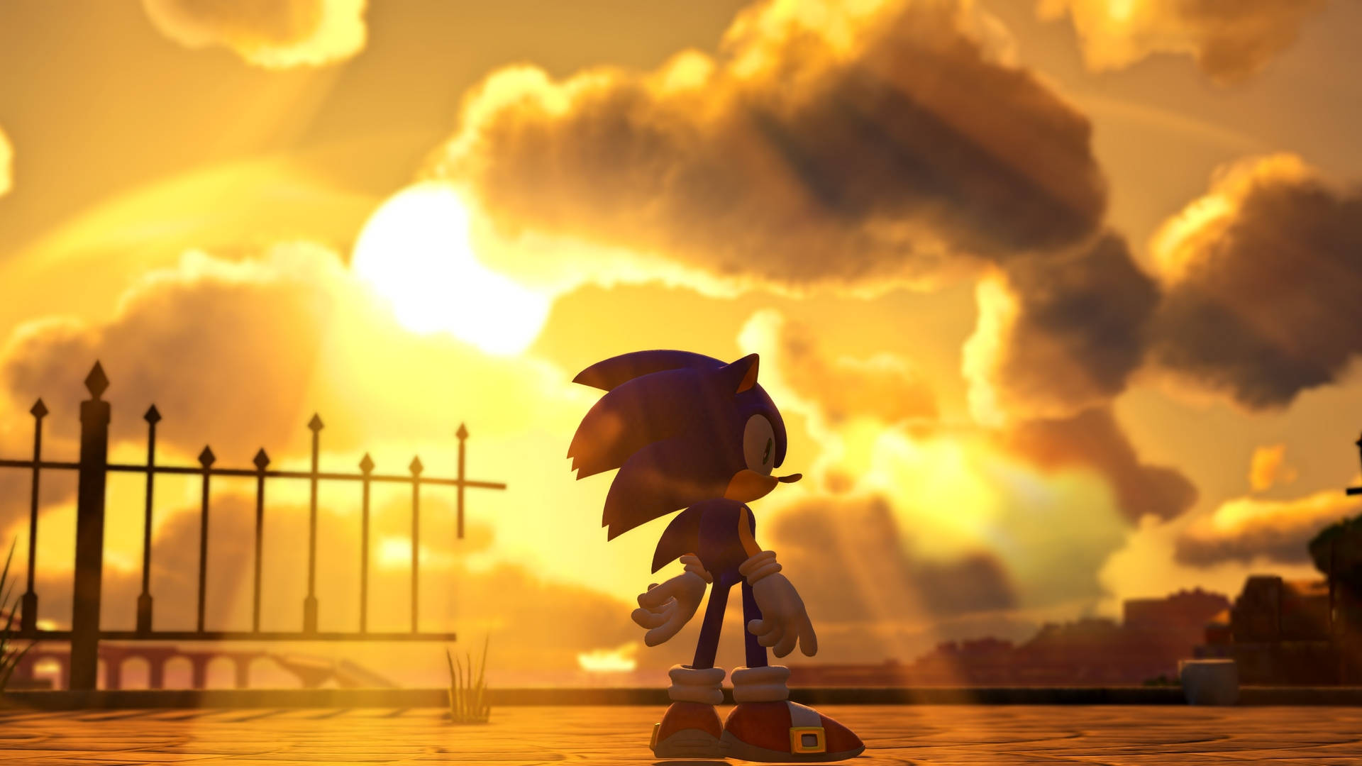 Sonic The Hedgehog, golden sunset, dramatic clouds, Full HD Desktop Wallpaper