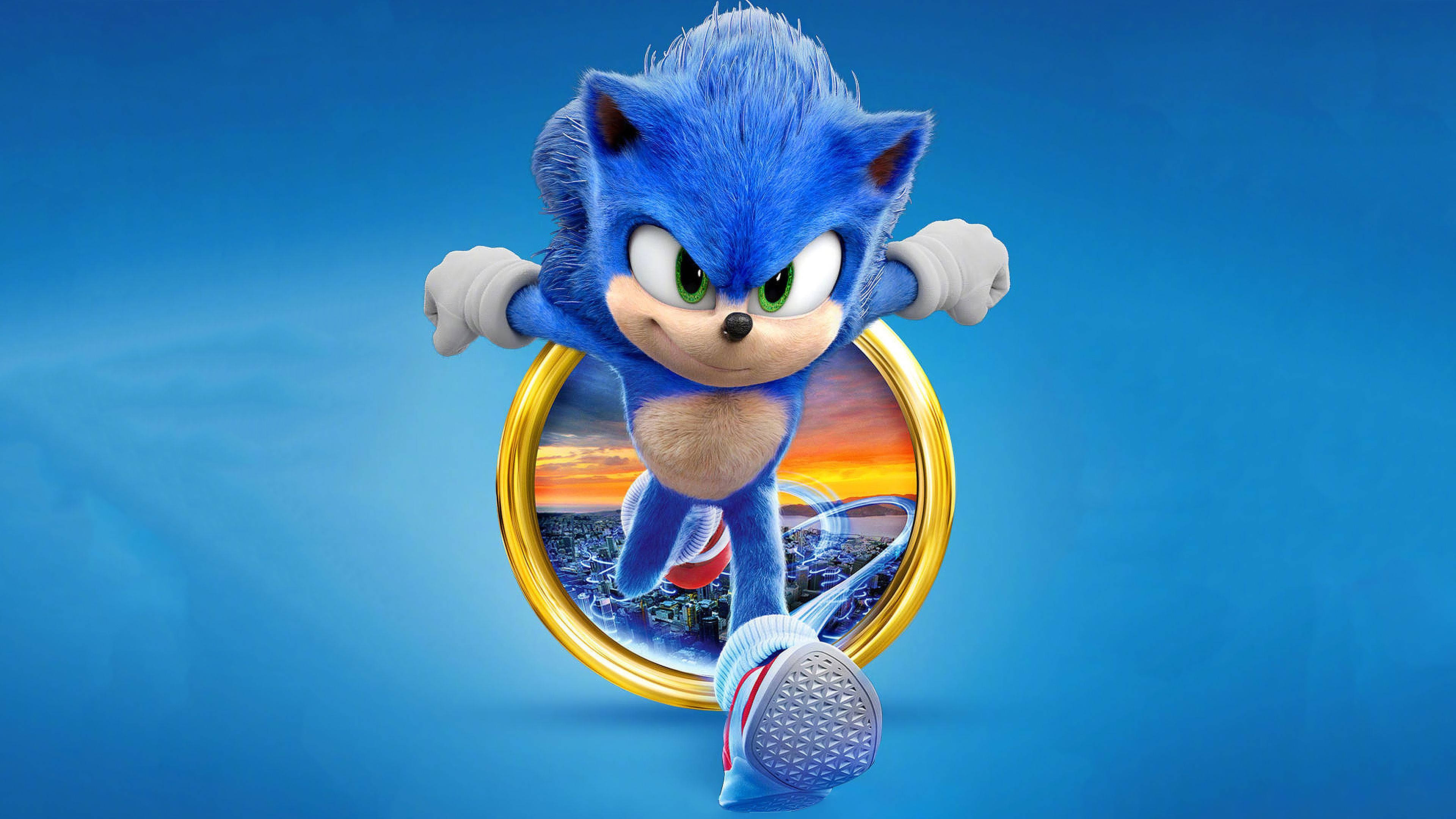 Sonic The Hedgehog, golden ring, vibrant blue background, 4K Desktop Wallpaper