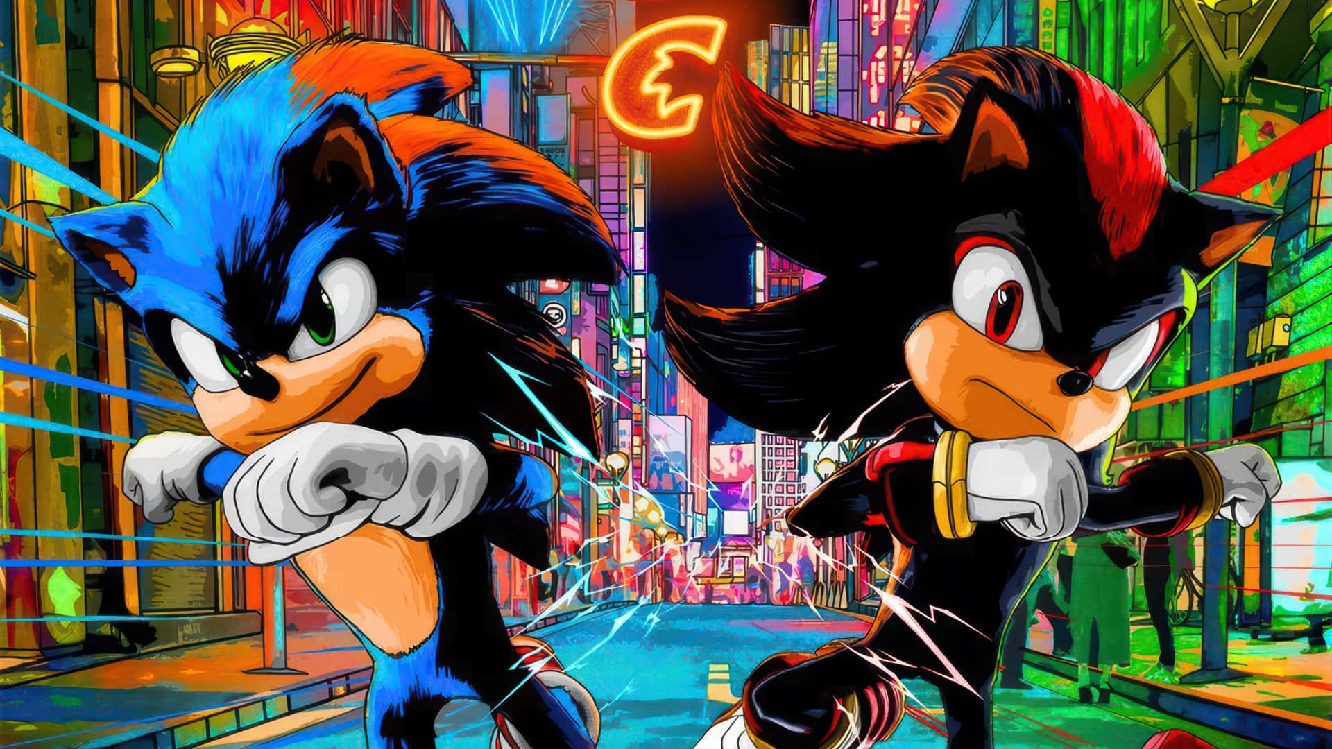 Sonic, Shadow, cyberpunk cityscape, Full HD Desktop Wallpaper