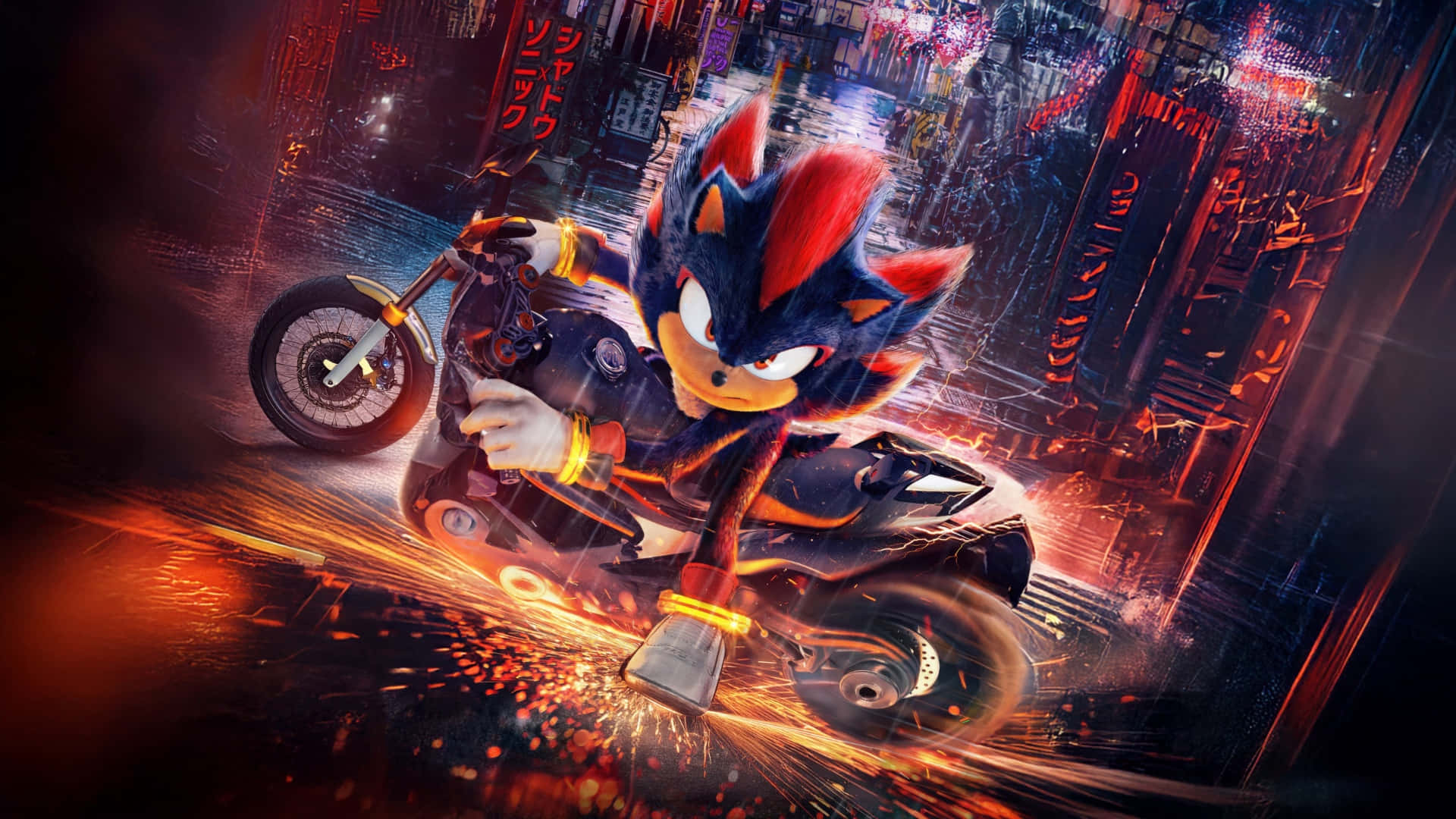Shadow the Hedgehog, motorcycle, neon soaked cyberpunk city street, Full HD Desktop Wallpaper