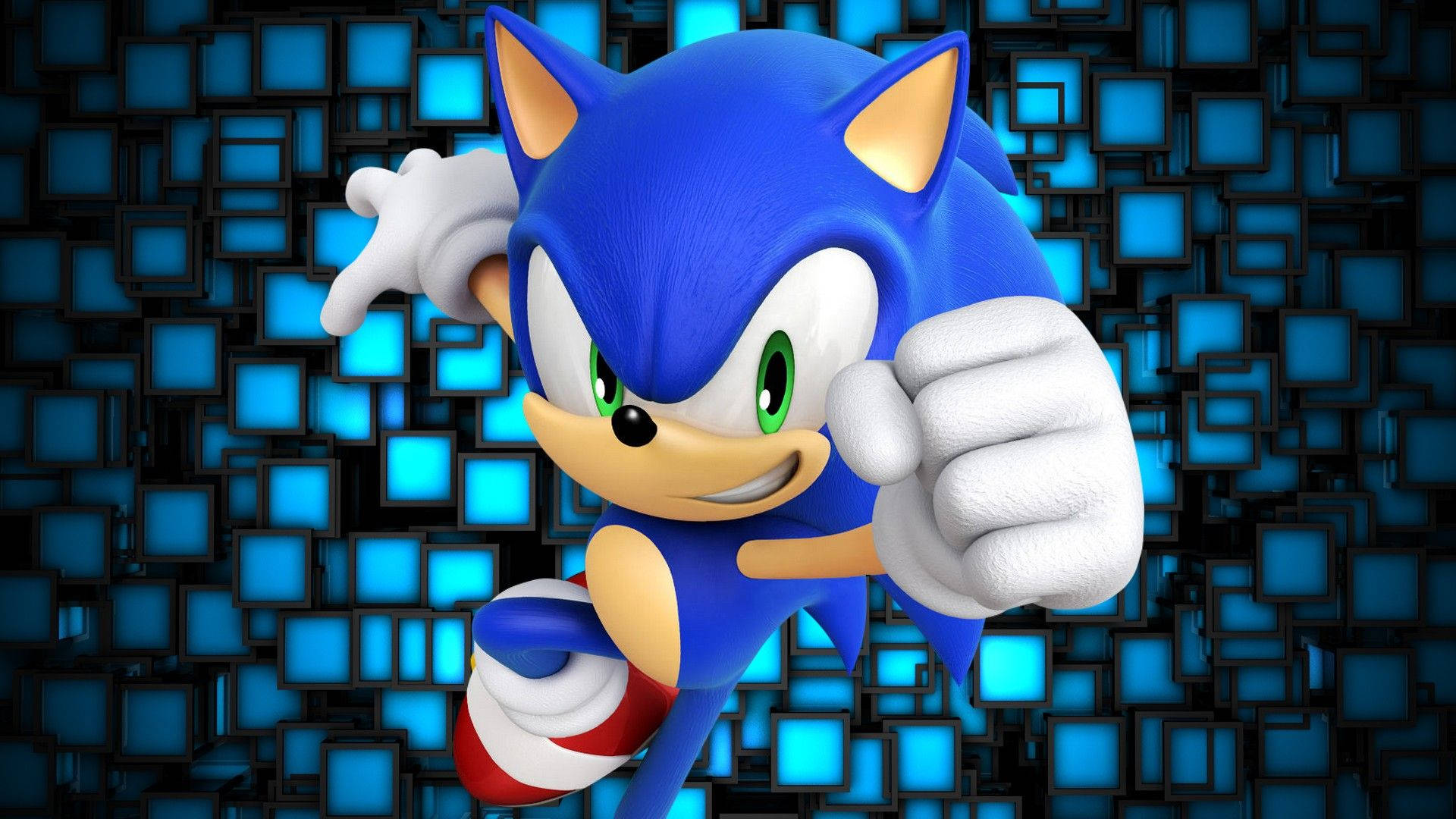 Sonic The Hedgehog, glowing blue pixelated background, dynamic pose, Full HD Desktop Wallpaper