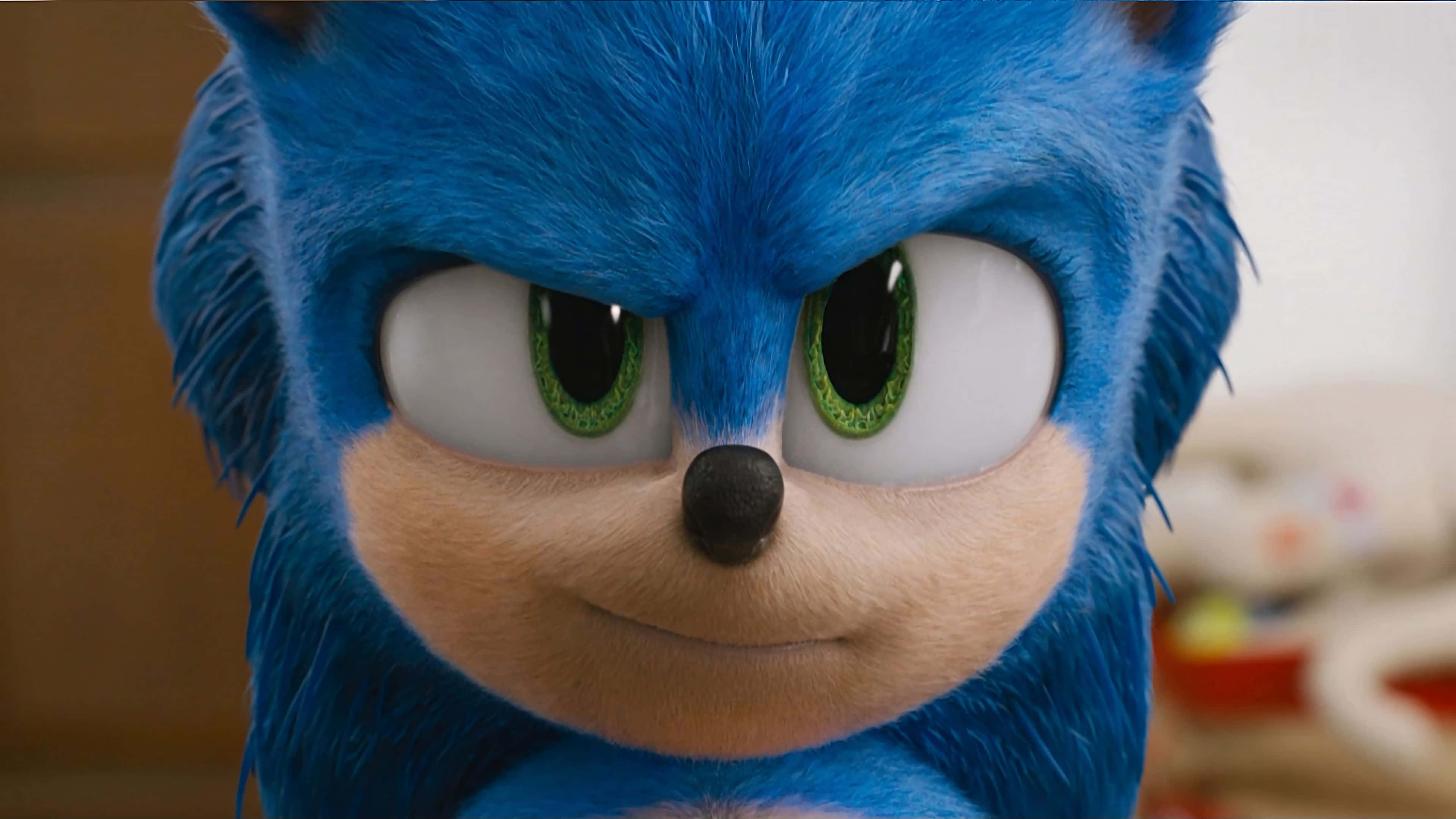 Sonic the Hedgehog, intense green eyes, smug smirk, 4K Desktop Wallpaper
