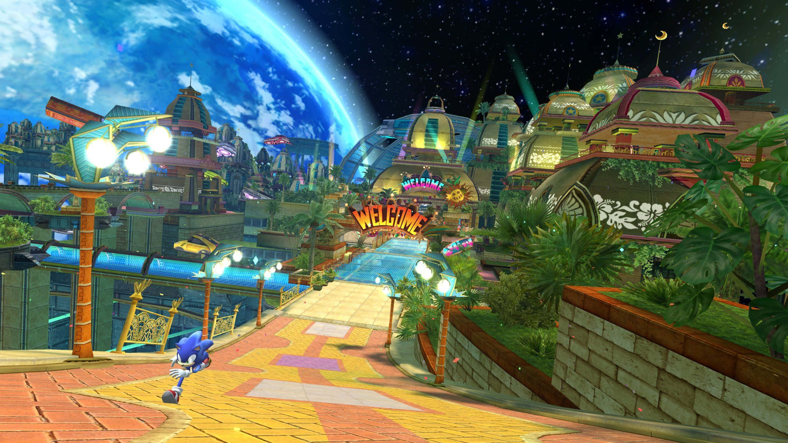 Sonic The Hedgehog, vibrant alien cityscape, starry sky, 2K Desktop Wallpaper