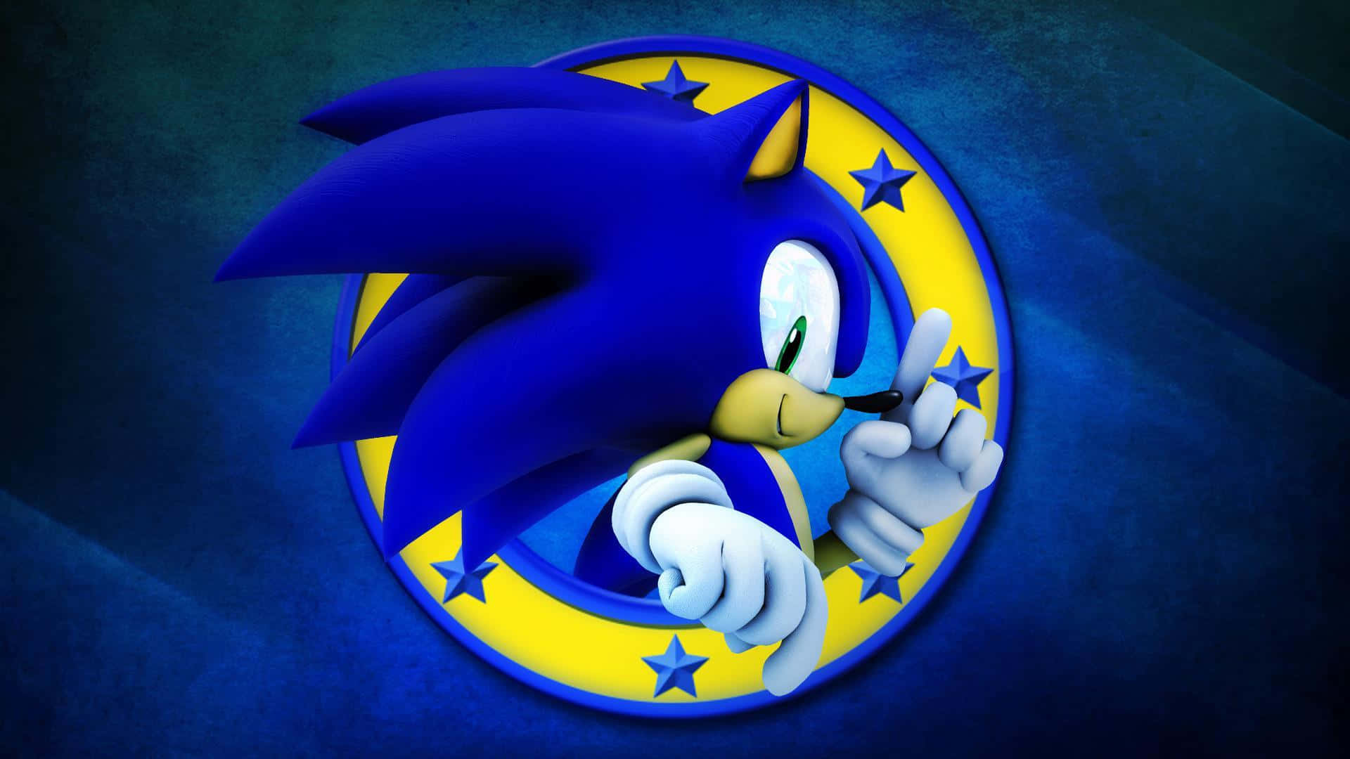 Sonic The Hedgehog, yellow star-bordered circle, textured blue background, Full HD Desktop Wallpaper