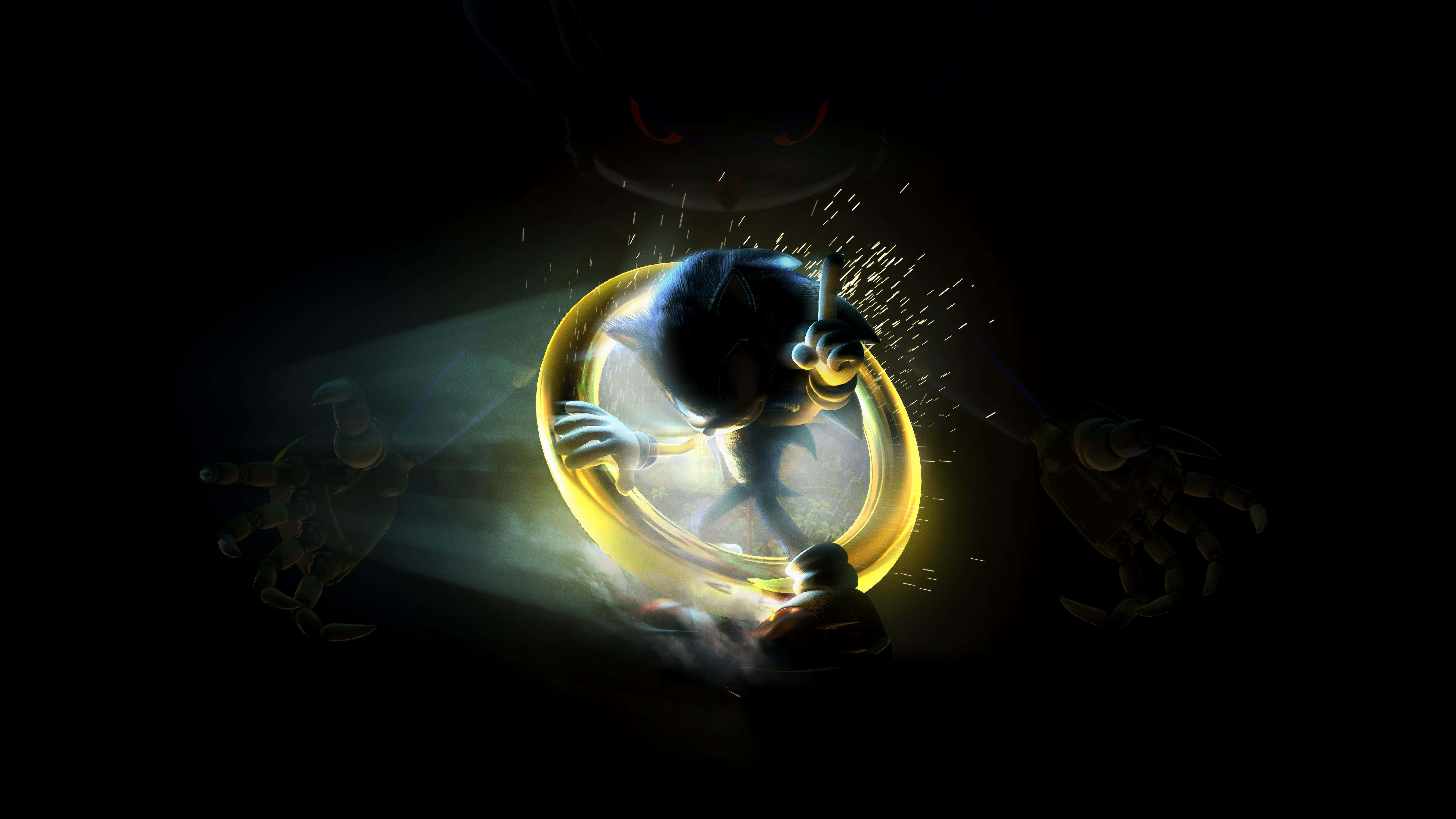 Sonic The Hedgehog, glowing golden ring, shadowy hands, 8K Desktop Wallpaper