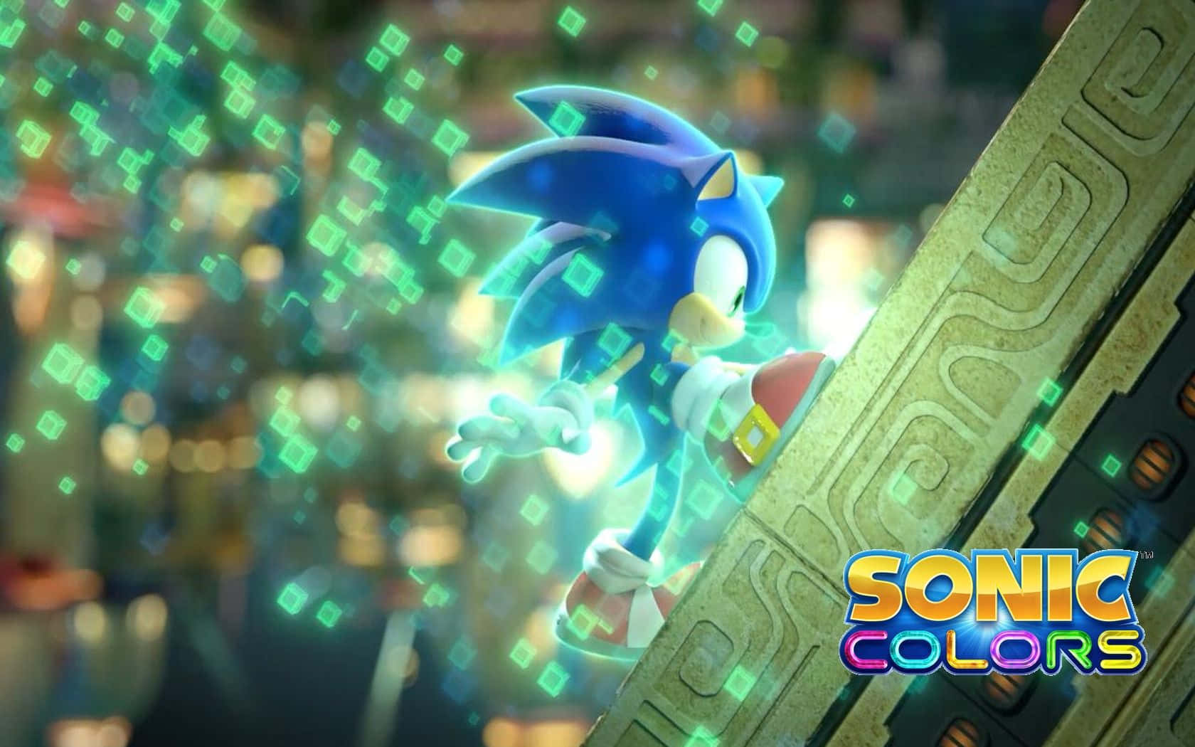 Sonic The Hedgehog, glowing green digital cityscape, pixelated effects, HD Desktop Wallpaper