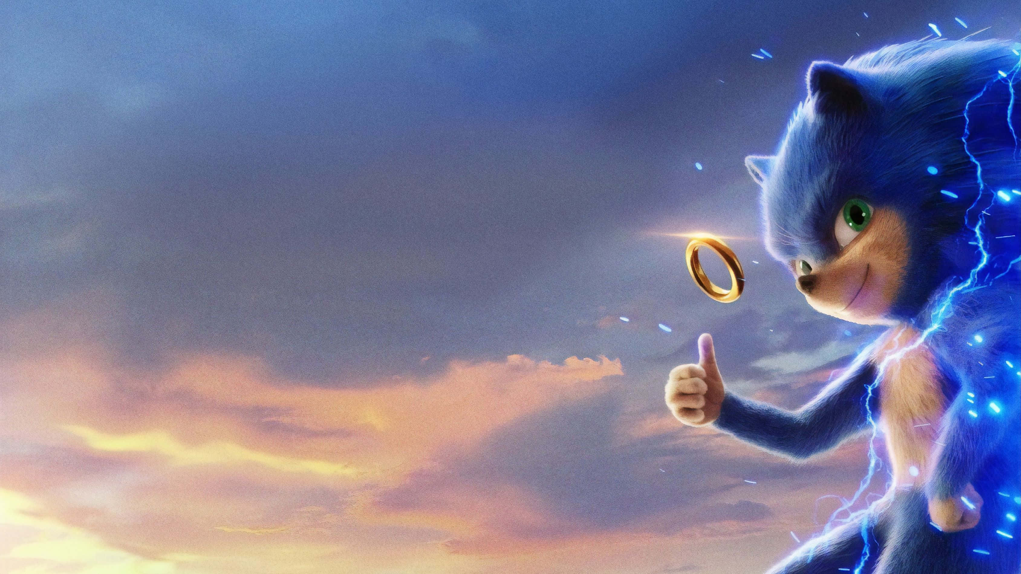 Sonic The Hedgehog, electric blue energy, sunset sky, 2K Desktop Wallpaper