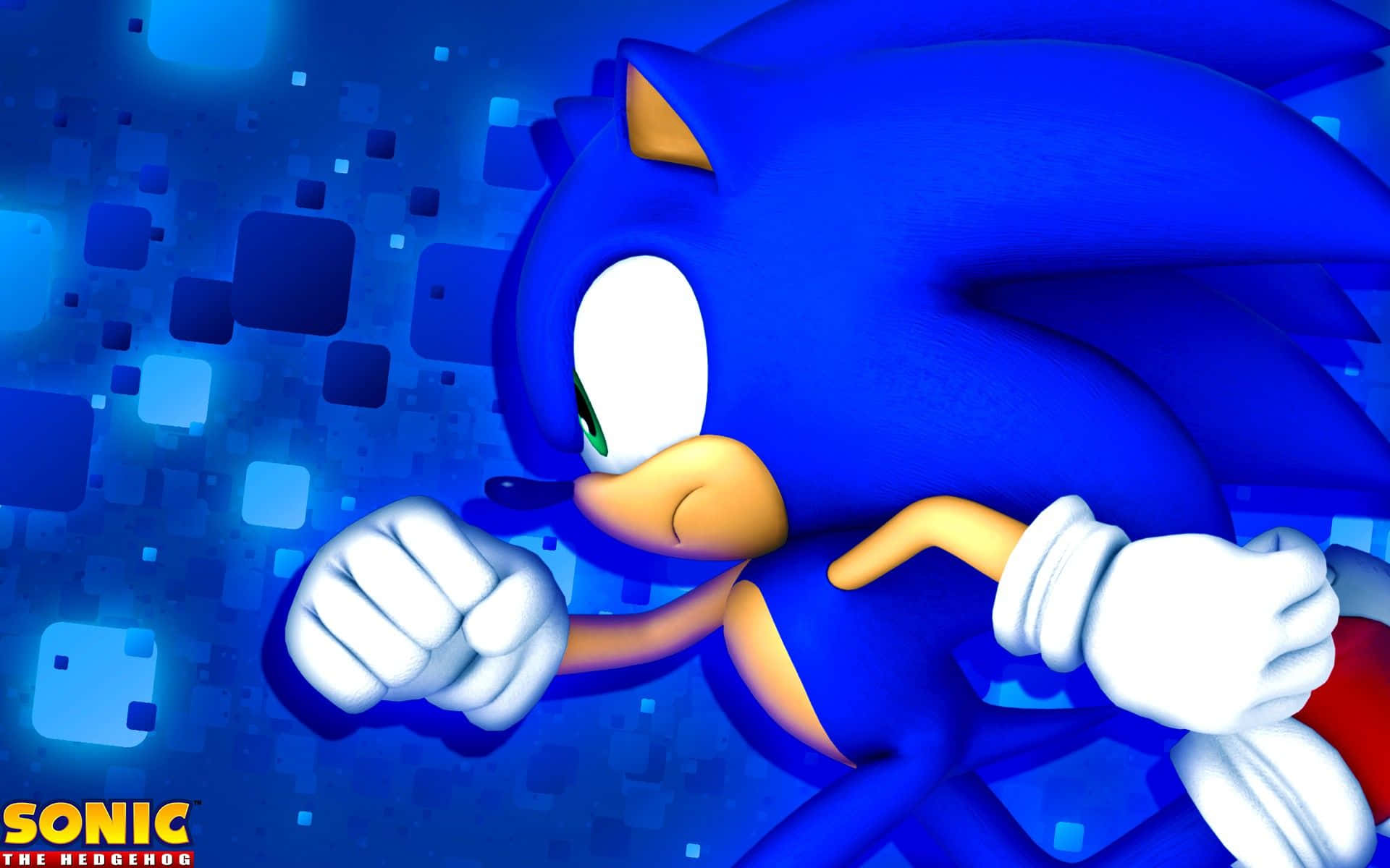 Sonic The Hedgehog, glowing blue pixelated background, dashes forward, Full HD Desktop Wallpaper