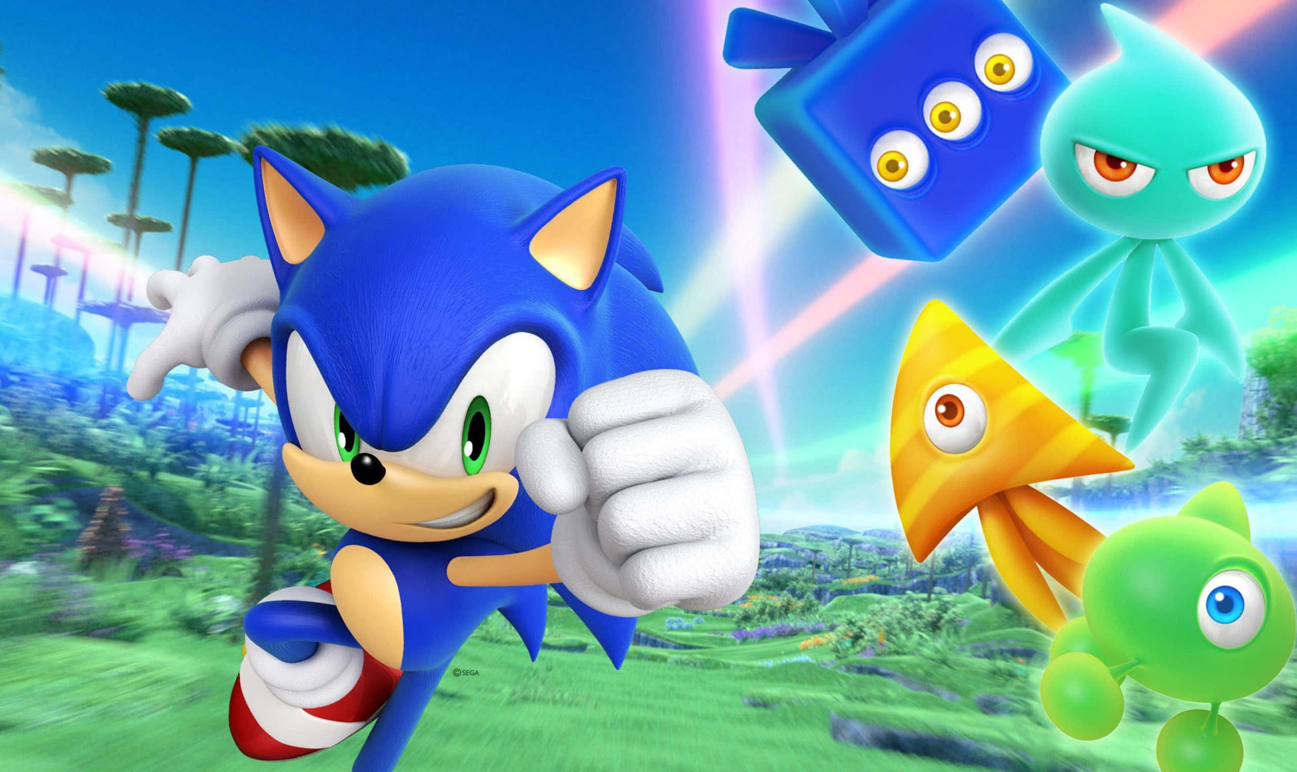 Sonic The Hedgehog, colorful one-eyed enemies, vibrant green landscape, Full HD Desktop Wallpaper