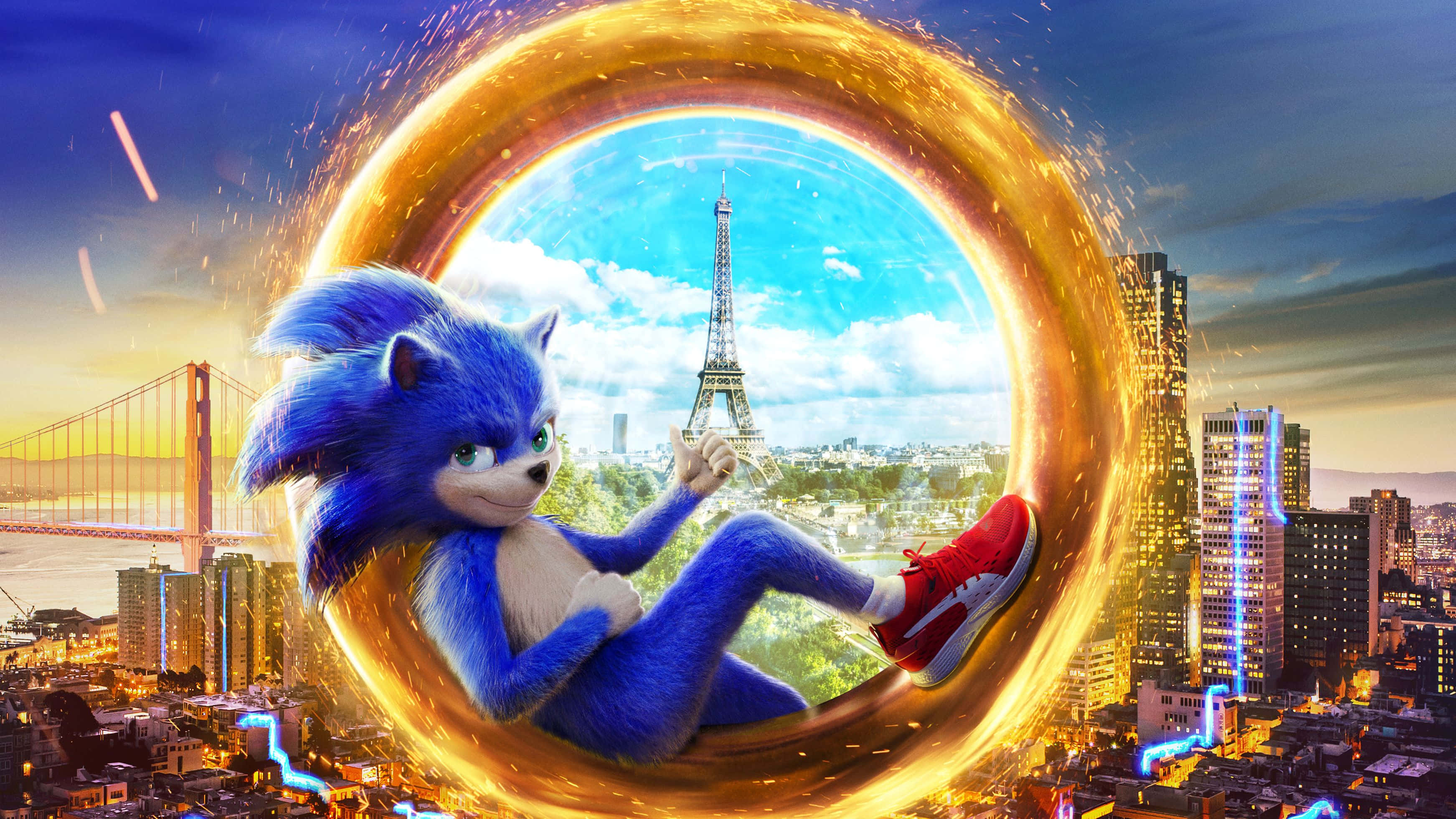 Sonic The Hedgehog, golden ring, cityscape blending Paris and San Francisco, 2K Desktop Wallpaper