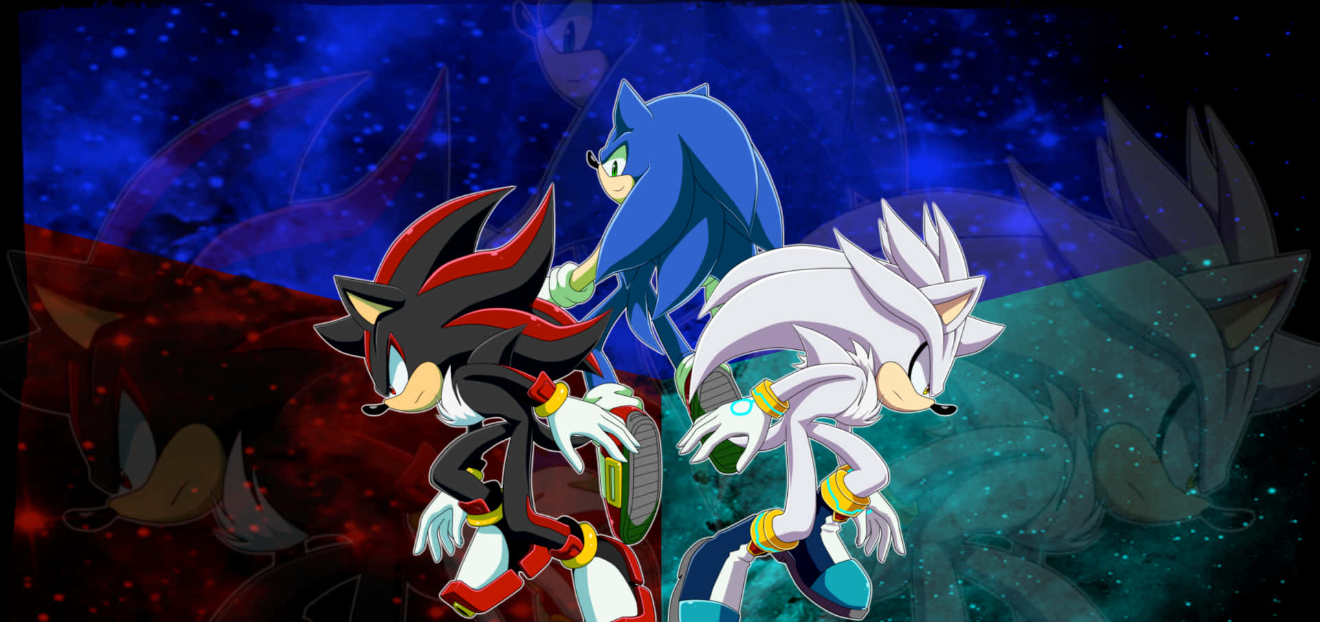 Sonic The Hedgehog, cosmic backdrop, swirling red and blue nebulae, Full HD Desktop Wallpaper
