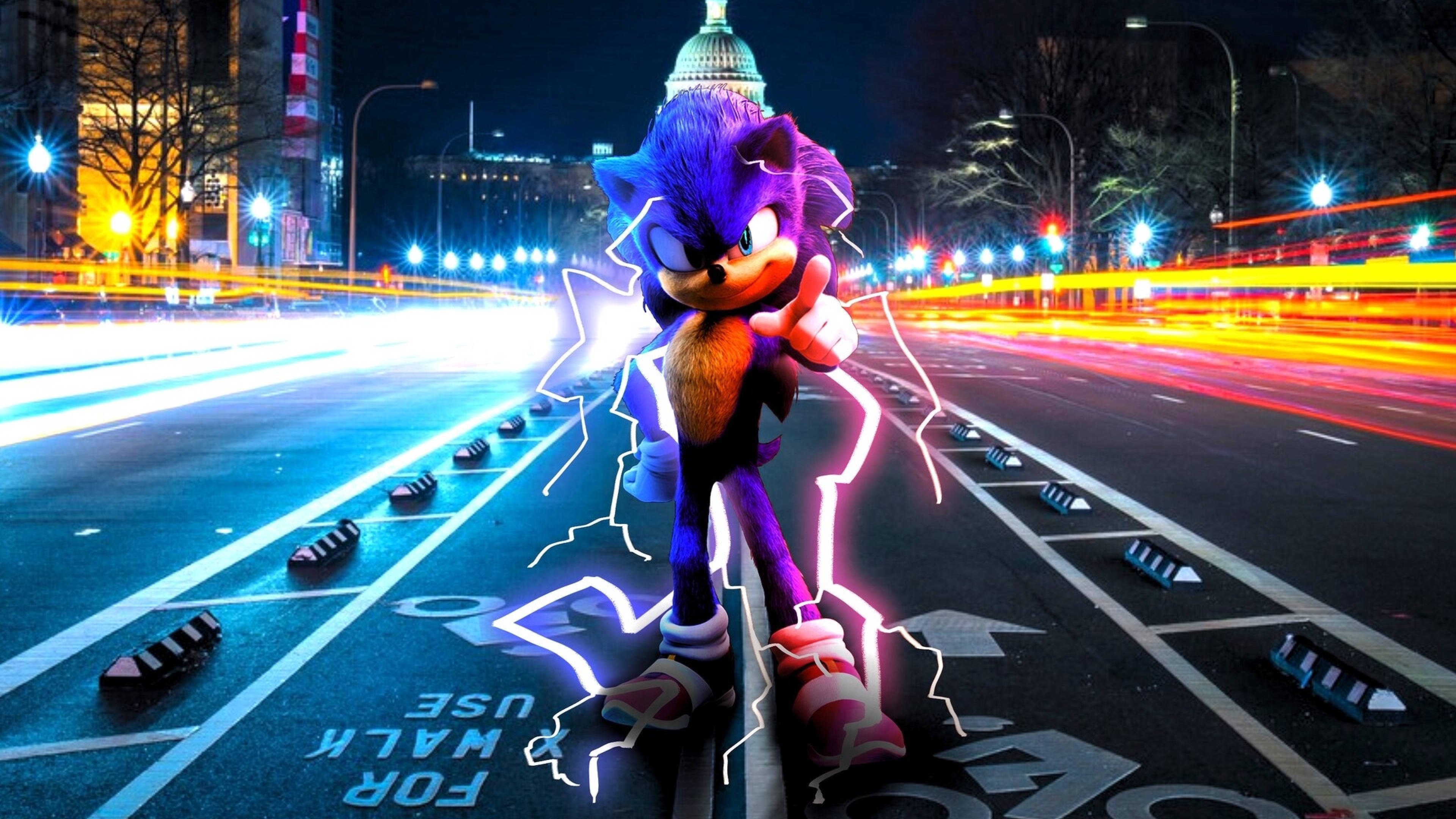Sonic the Hedgehog, neon-lit city street, night, 4K Desktop Wallpaper