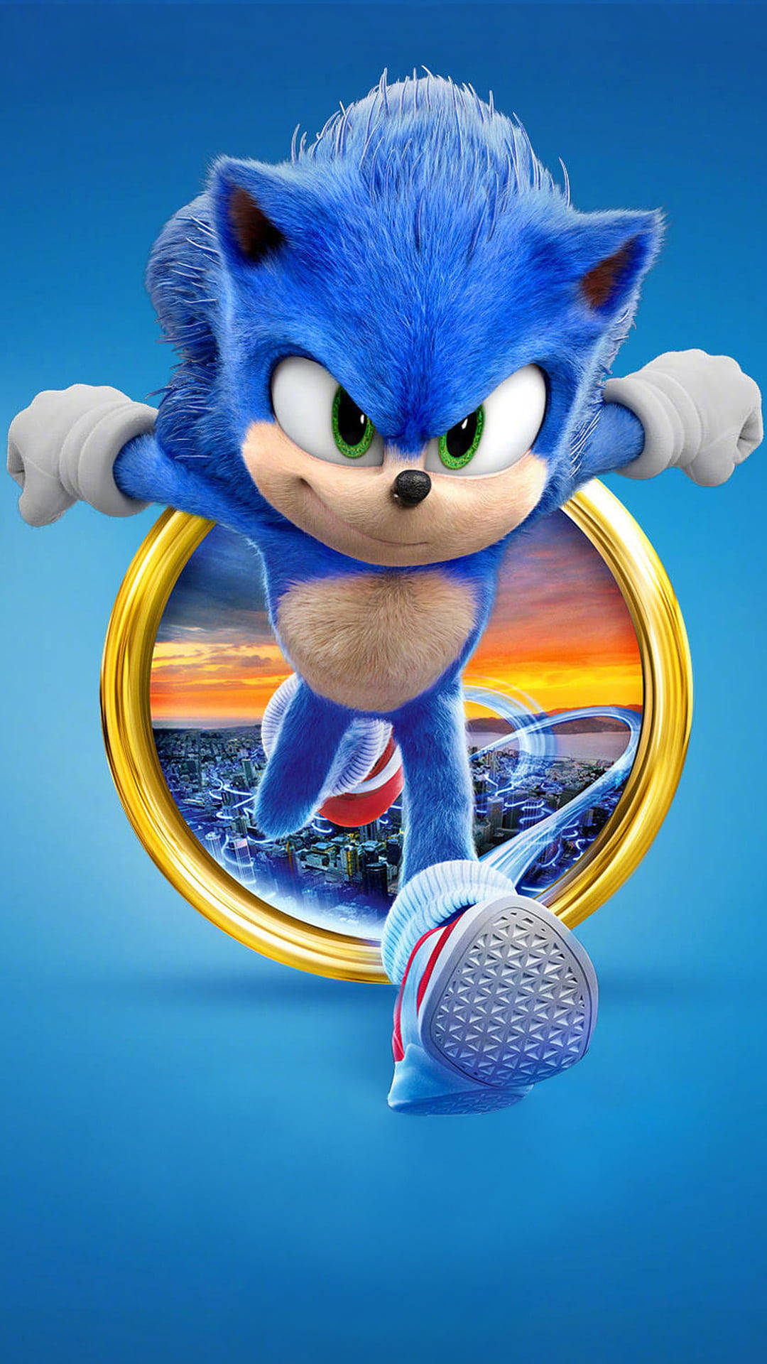 Sonic The Hedgehog, golden ring, blue background, Full HD Phone Wallpaper