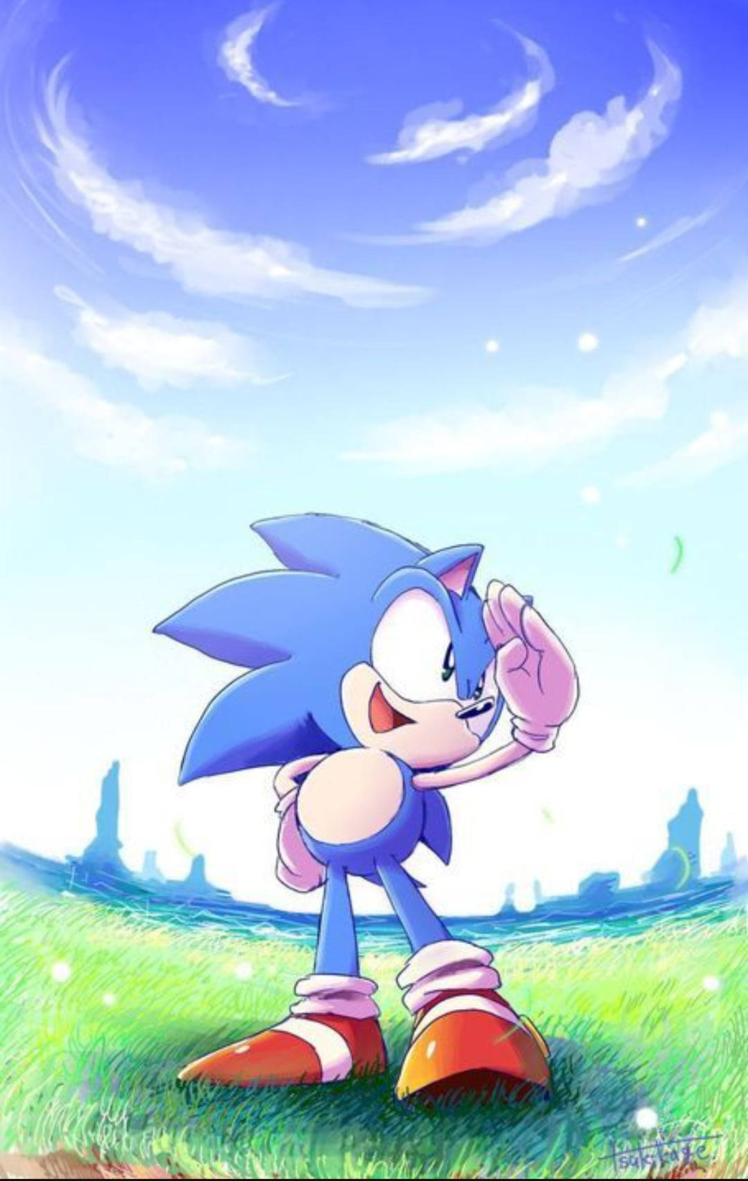 Sonic The Hedgehog, grassy field, bright blue sky, HD Phone Wallpaper