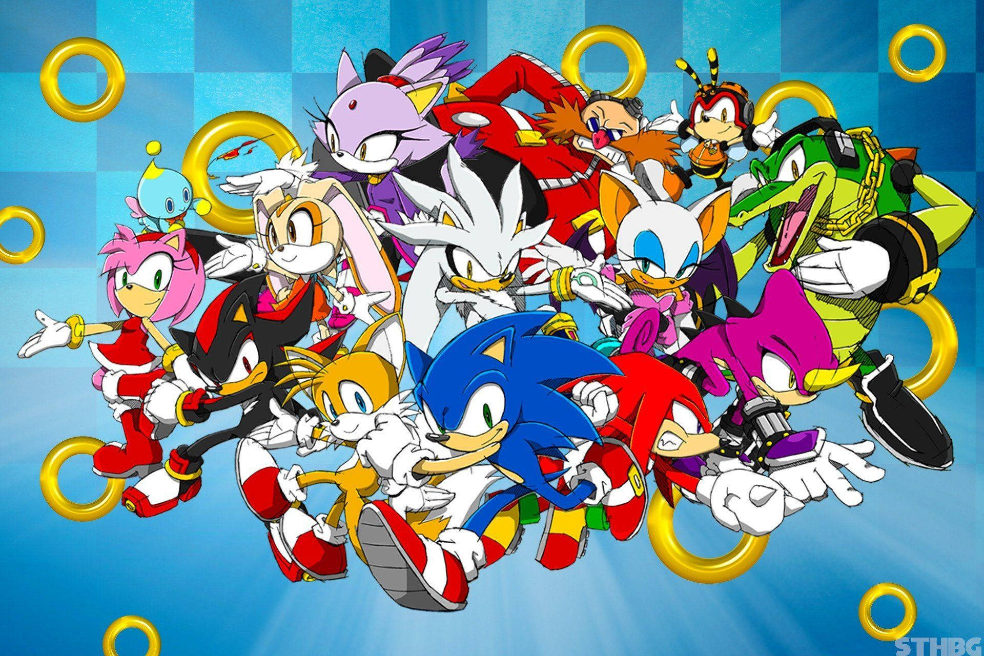 Sonic The Hedgehog, Sonic the Hedgehog characters, blue checkered background, Full HD Desktop Wallpaper
