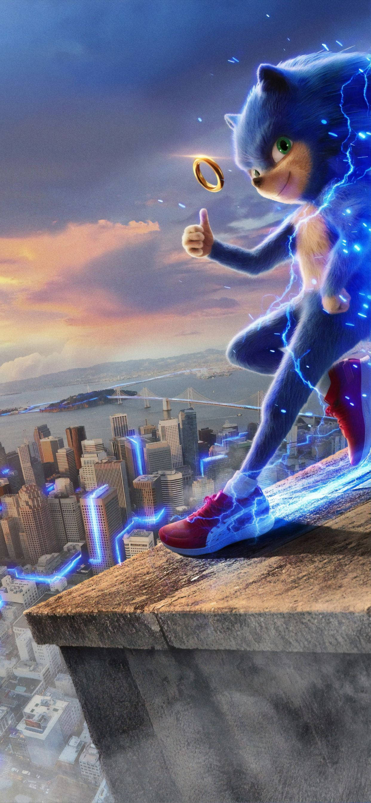 Sonic the Hedgehog, skyscraper ledge, vibrant cityscape, 2K Phone Wallpaper