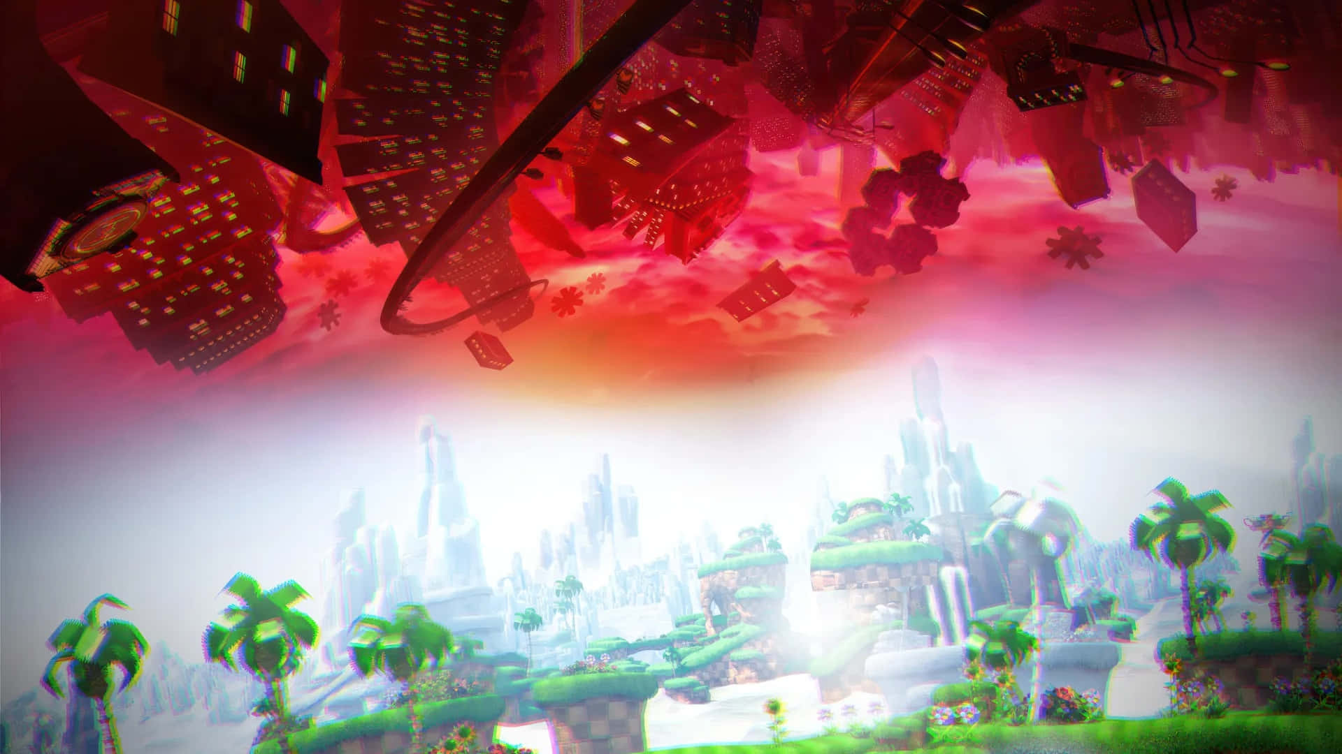 Sonic X Shadow Generations, red buildings, glowing pink sky, Full HD Desktop Wallpaper