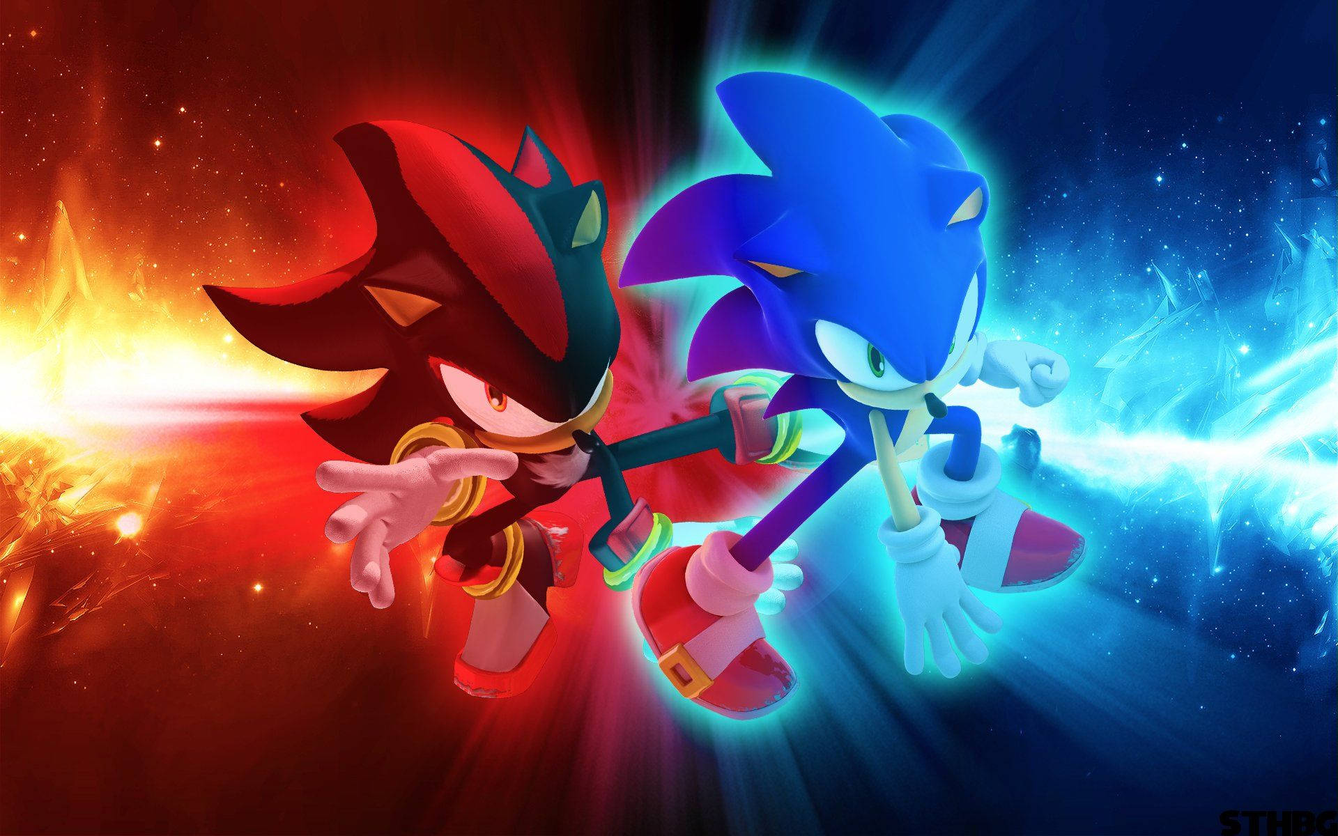 Sonic, Shadow, fiery red energy, Full HD Desktop Wallpaper