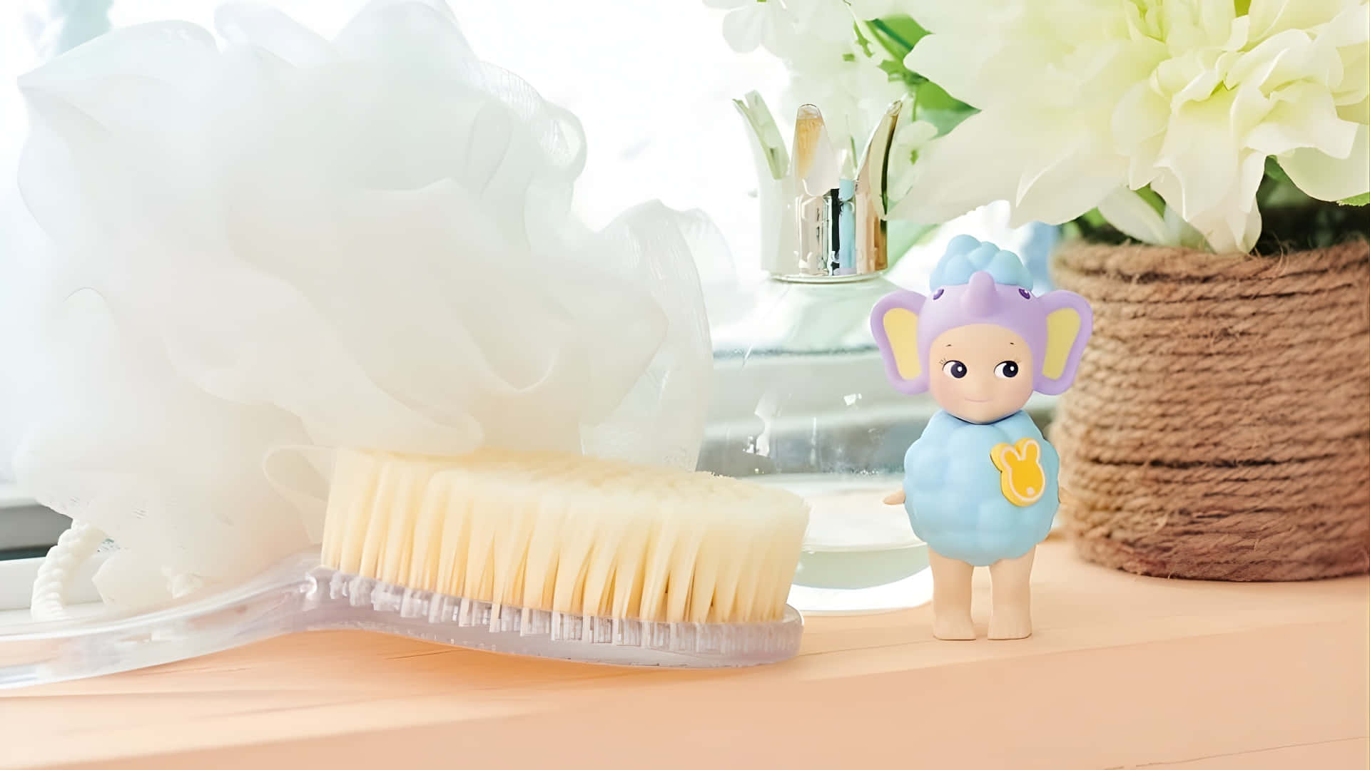 Sonny Angel, purple elephant figurine, peach countertop, Full HD Desktop Wallpaper