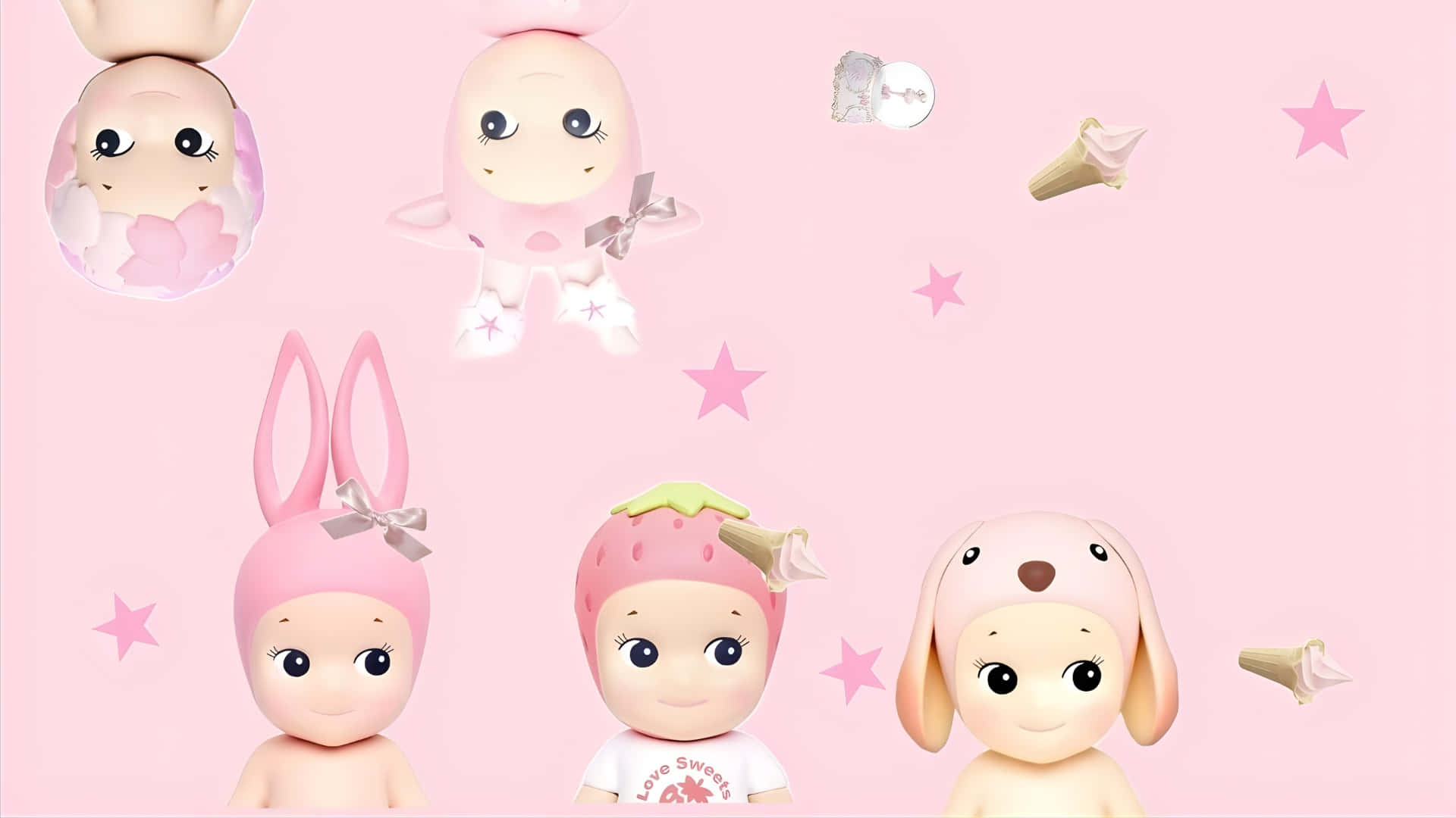 Sonny Angel, pink toy characters, bunny strawberry and dog hats, Full HD Desktop Wallpaper